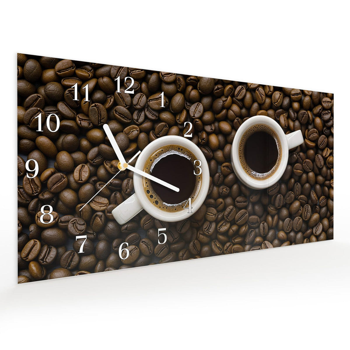 Vormontiert – mit Schwebeeffekt – Wanduhr Kaffeebohnen und Tassen aus Glas – Querformat 60 × 30 cm