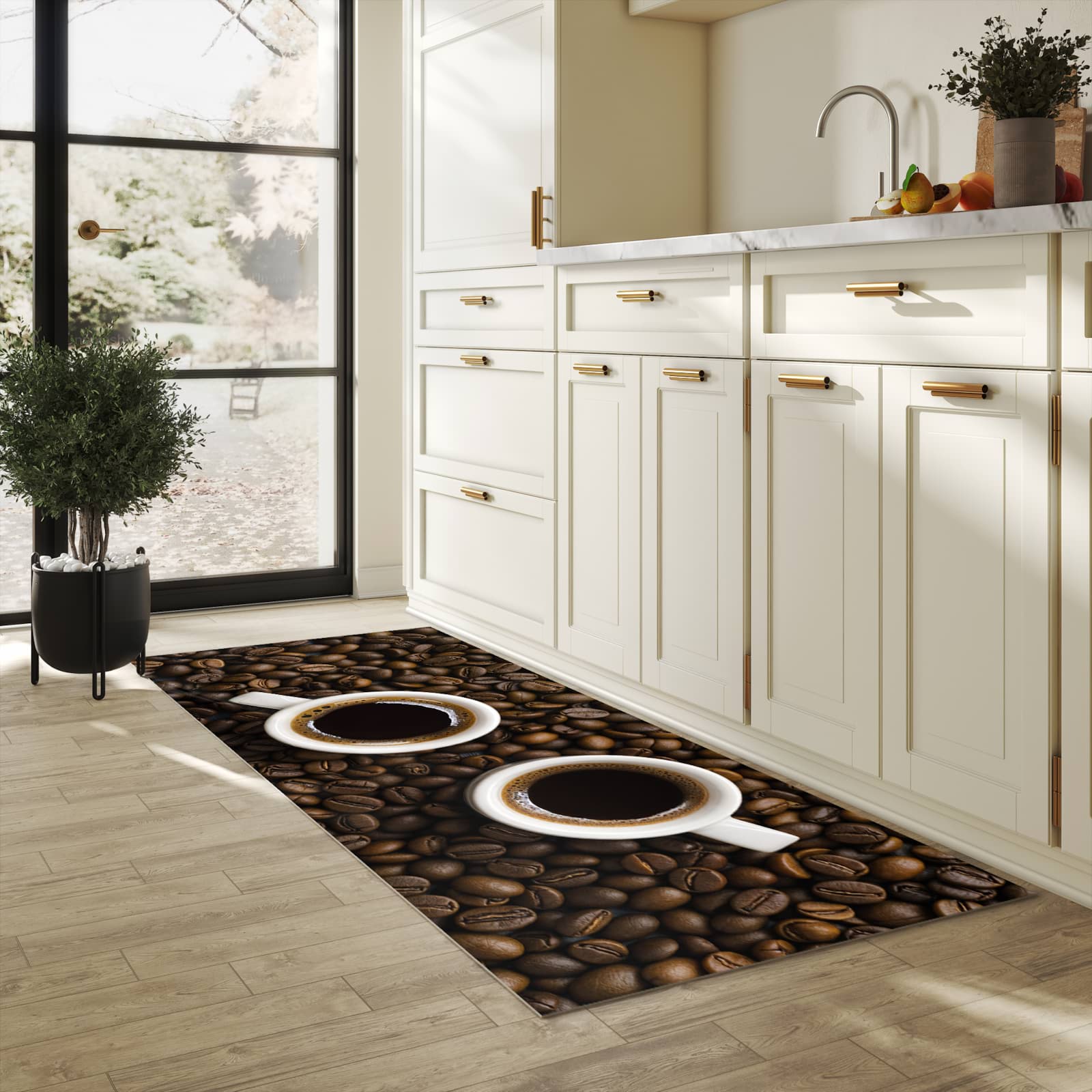 Langlebiger Küchenläufer mit Motiv Kaffeebohnen und Tassen in heller Küche