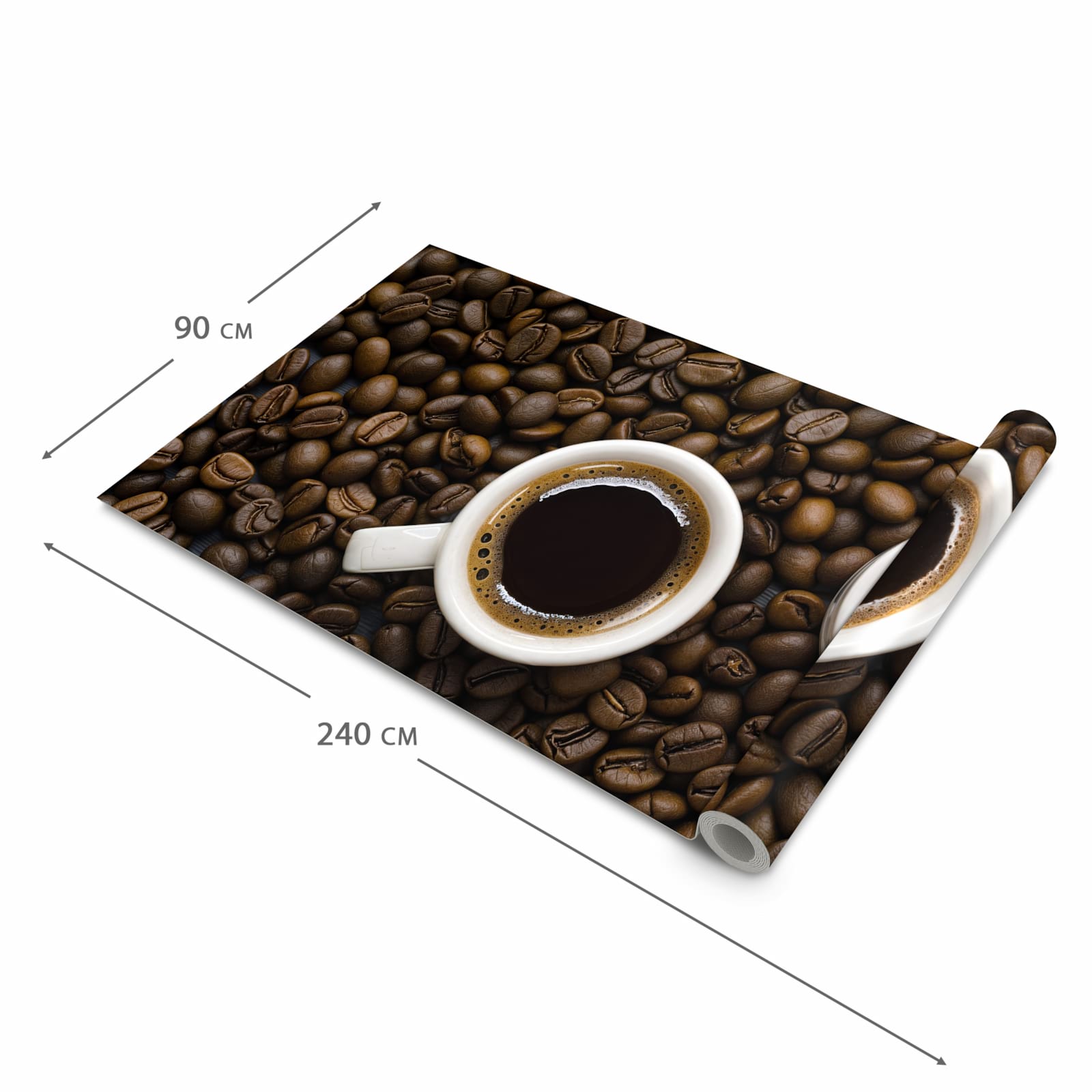 Komfortabler Küchenteppich mit Motiv Kaffeebohnen und Tassen in der Grösse 60x120 cm