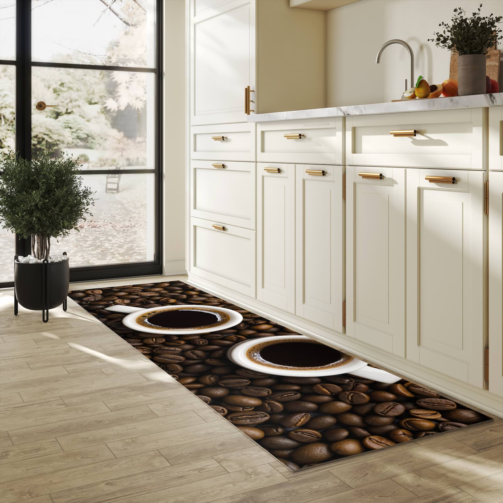 Fleckenresistenter rutschfester Küchenläufer mit Motiv Kaffeebohnen und Tassen in heller Küche