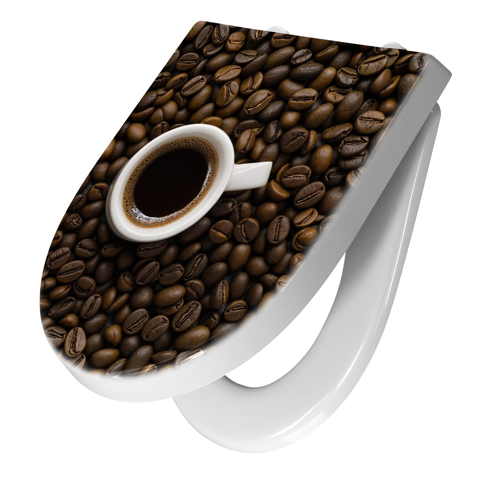 WC-Sitz mit Absenkautomatik Kaffeebohnen und Tassen