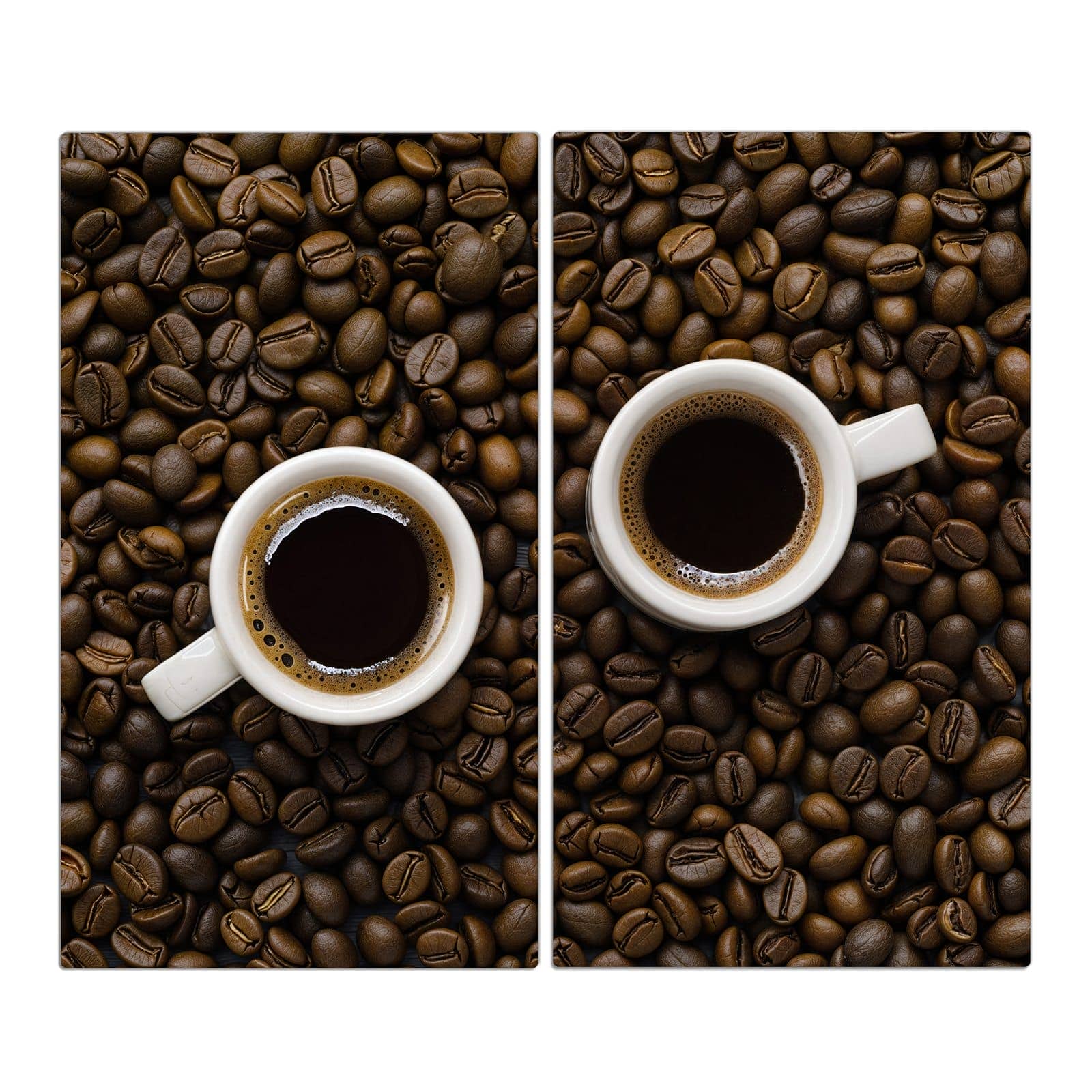 2-teilige Herdabdeckplatte mit Kaffeebohnen und Tassen-Motiv in der Frontansicht #grösse_2-Teilig (60x52cm)