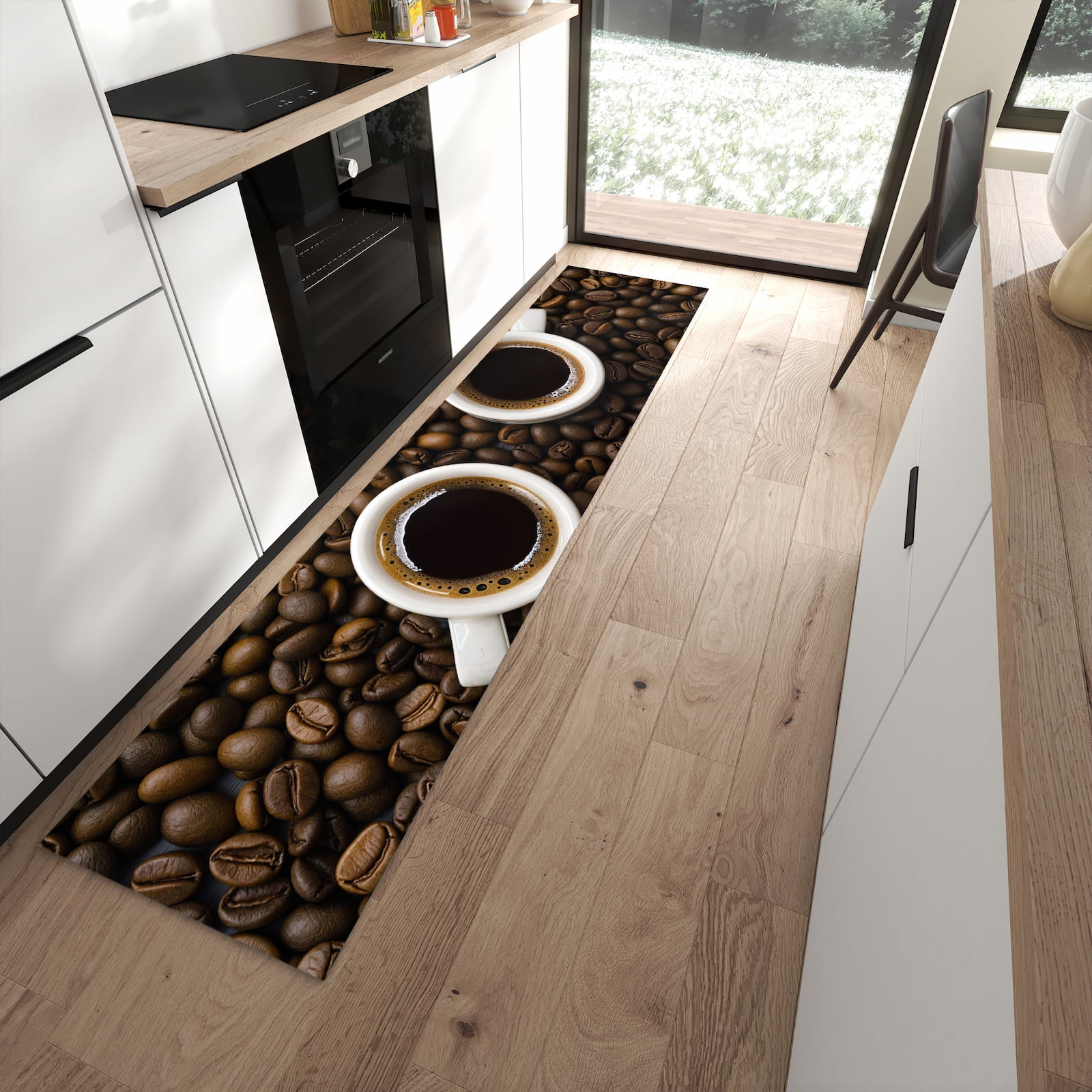 UV-beständiger Küchenläufer mit Motiv Kaffeebohnen und Tassen in moderner Küche - waschbar