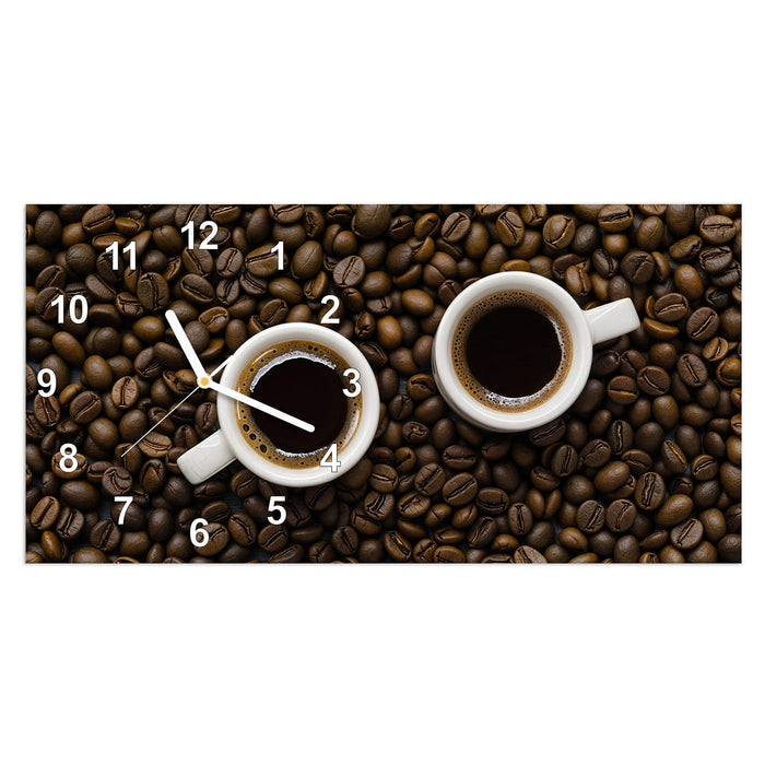 Wanduhr Kaffeebohnen und Tassen aus Glas – Querformat 60 × 30 cm mit Ziffernblatt Modern