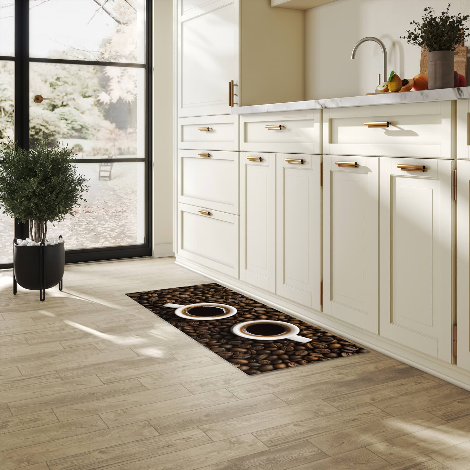 Formstabiler großer Küchenteppich mit Motiv Kaffeebohnen und Tassen in heller Küche