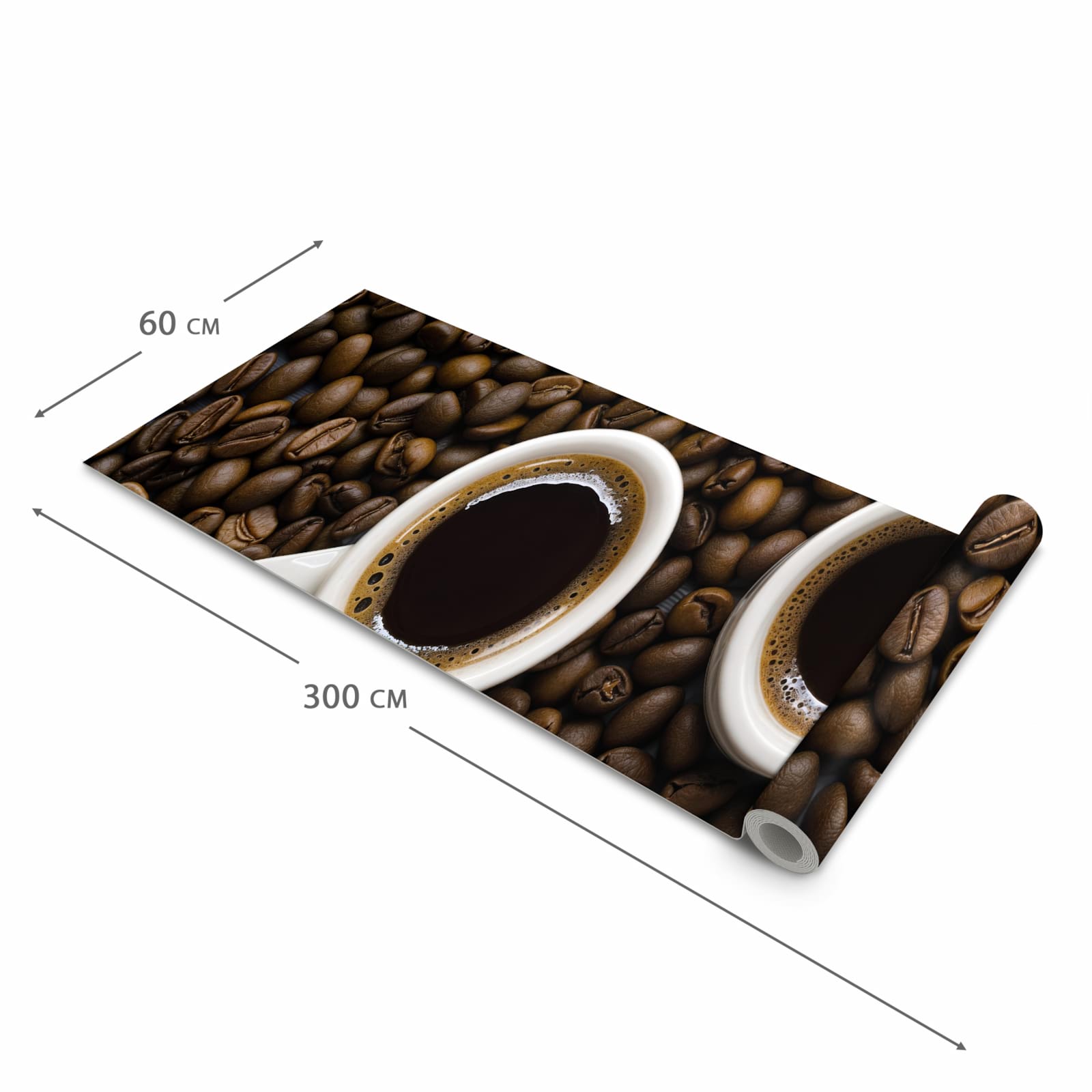 Farbbeständiger abwaschbarer Küchenläufer mit Motiv Kaffeebohnen und Tassen in der Größe 60x120 cm