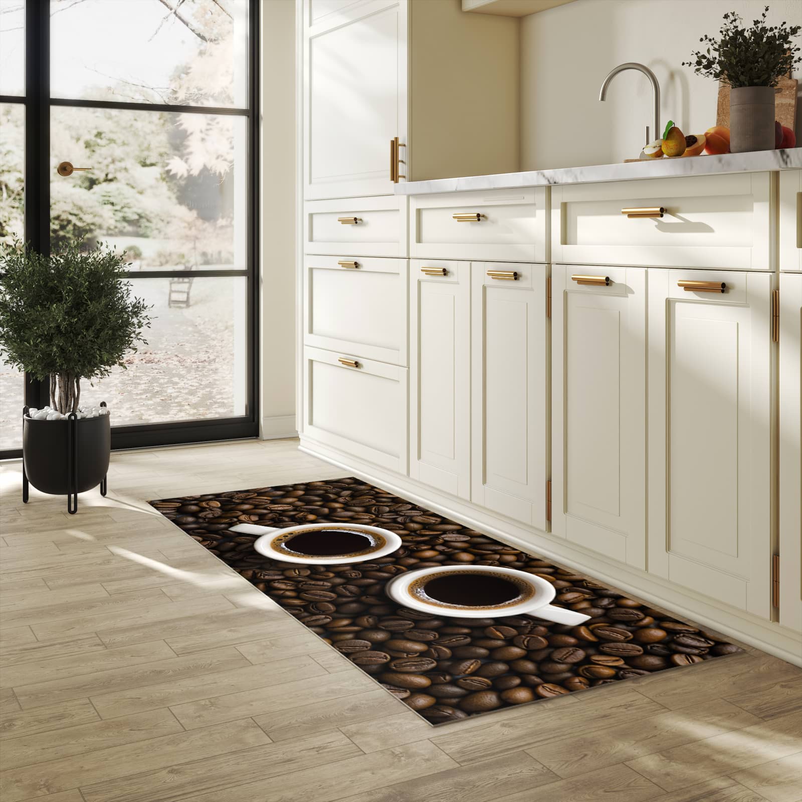 Rutschfester Küchenläufer mit Motiv Kaffeebohnen und Tassen für Trittkomfort in heller Küche