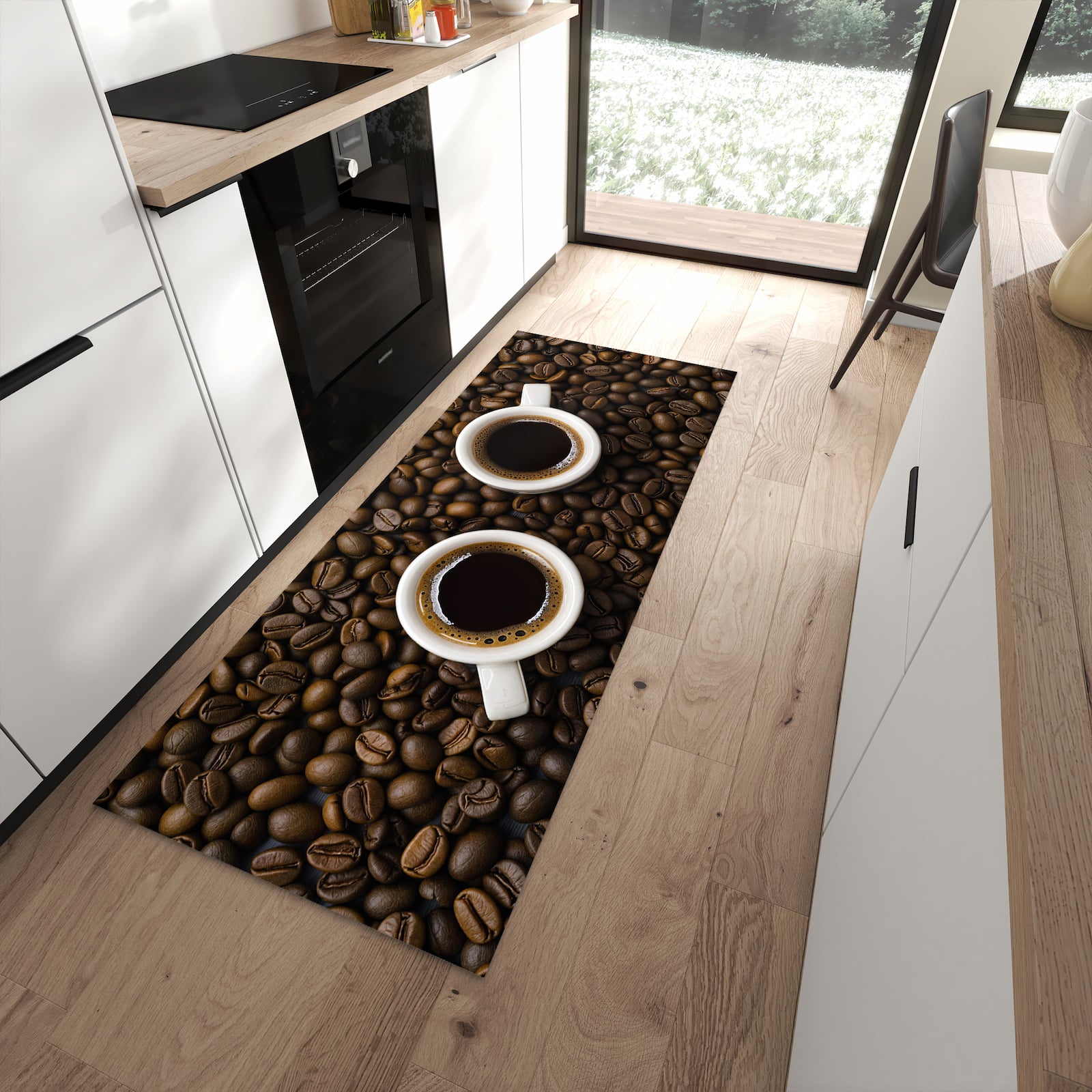 Fleckenresistenter abwaschbarer Küchenteppich mit Motiv Kaffeebohnen und Tassen in moderner Küche