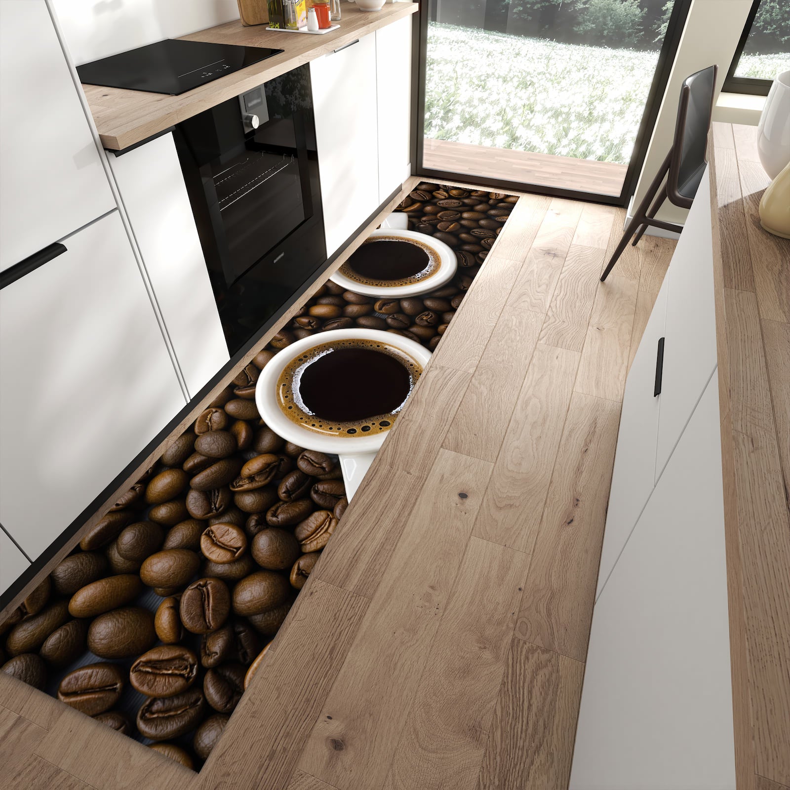 Komfortabler Küchenläufer mit Motiv Kaffeebohnen und Tassen in moderner Küche