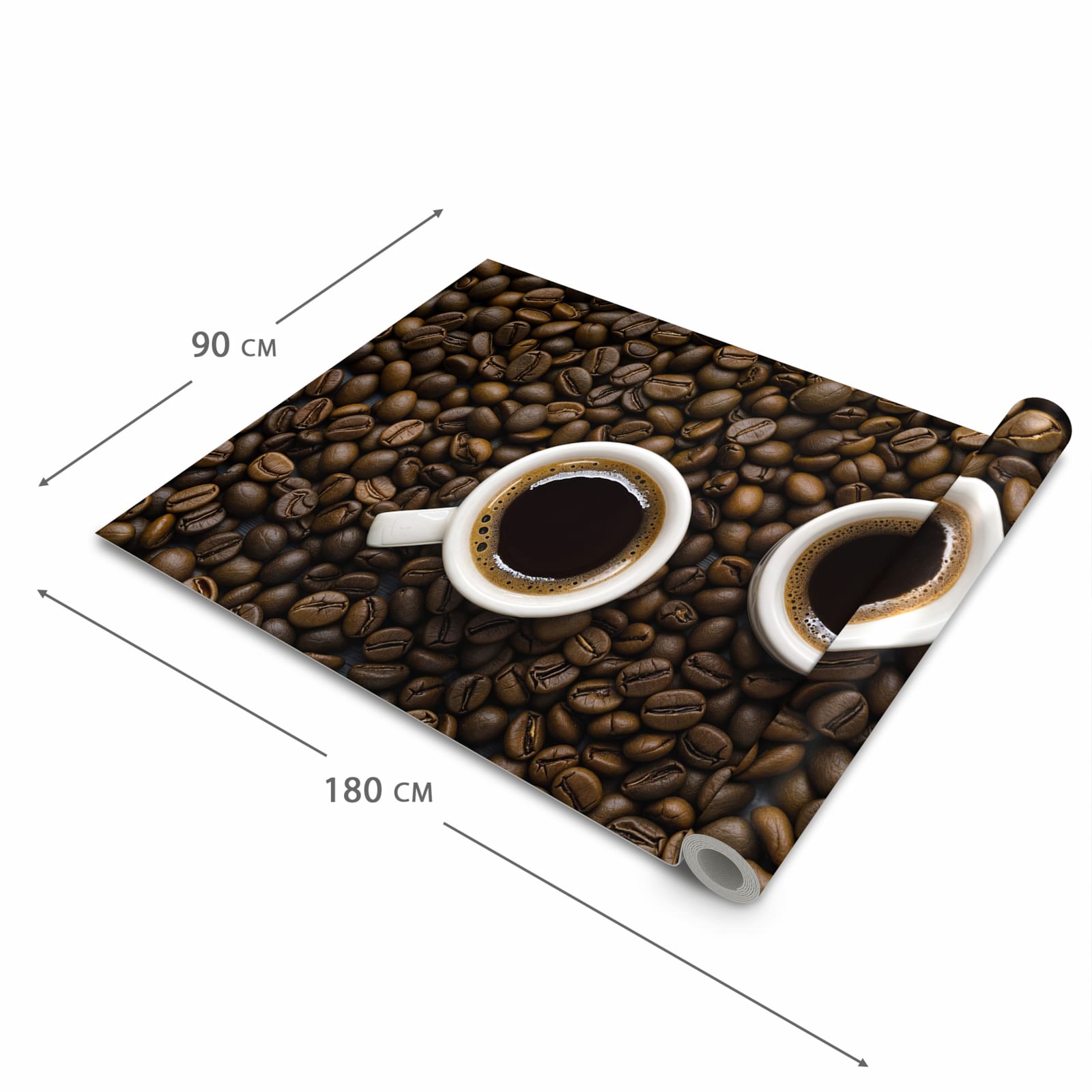 UV-beständiger Küchenteppich mit Motiv Kaffeebohnen und Tassen in der Grösse 60x120 cm