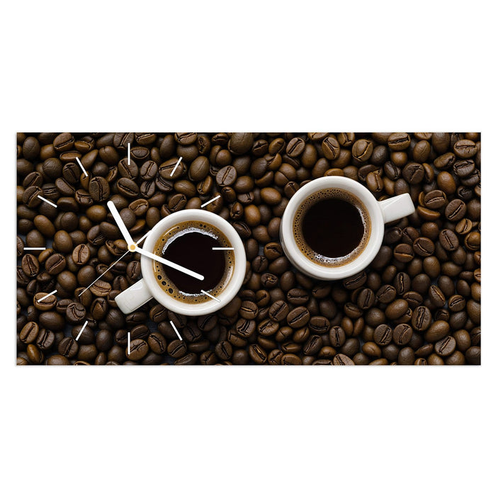 Wanduhr Kaffeebohnen und Tassen aus Glas – Querformat 60 × 30 cm mit Ziffernblatt Linie