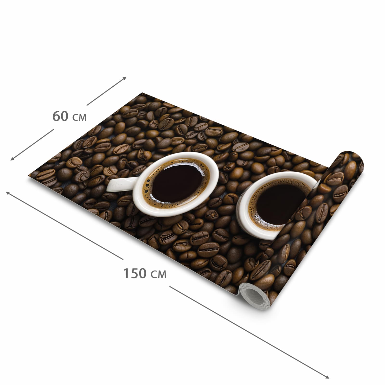 Feuchtigkeitsresistenter moderner Küchenläufer mit Motiv Kaffeebohnen und Tassen in der Grösse 60x120 cm