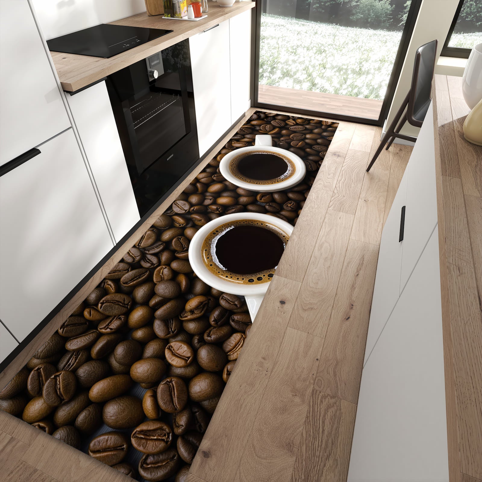 Langlebiger Küchenteppich mit Motiv Kaffeebohnen und Tassen in moderner Küche