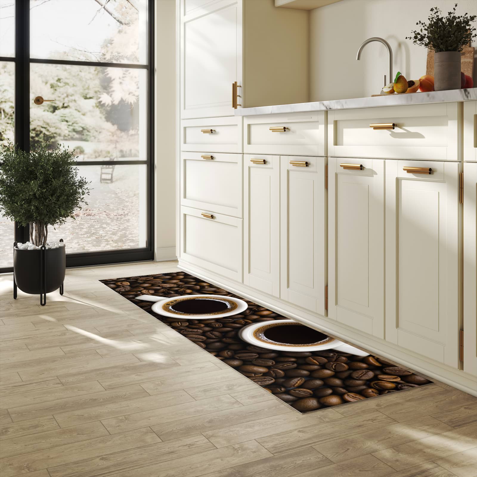 Zeitsparender waschbarer Küchenteppich mit Motiv Kaffeebohnen und Tassen in heller Küche