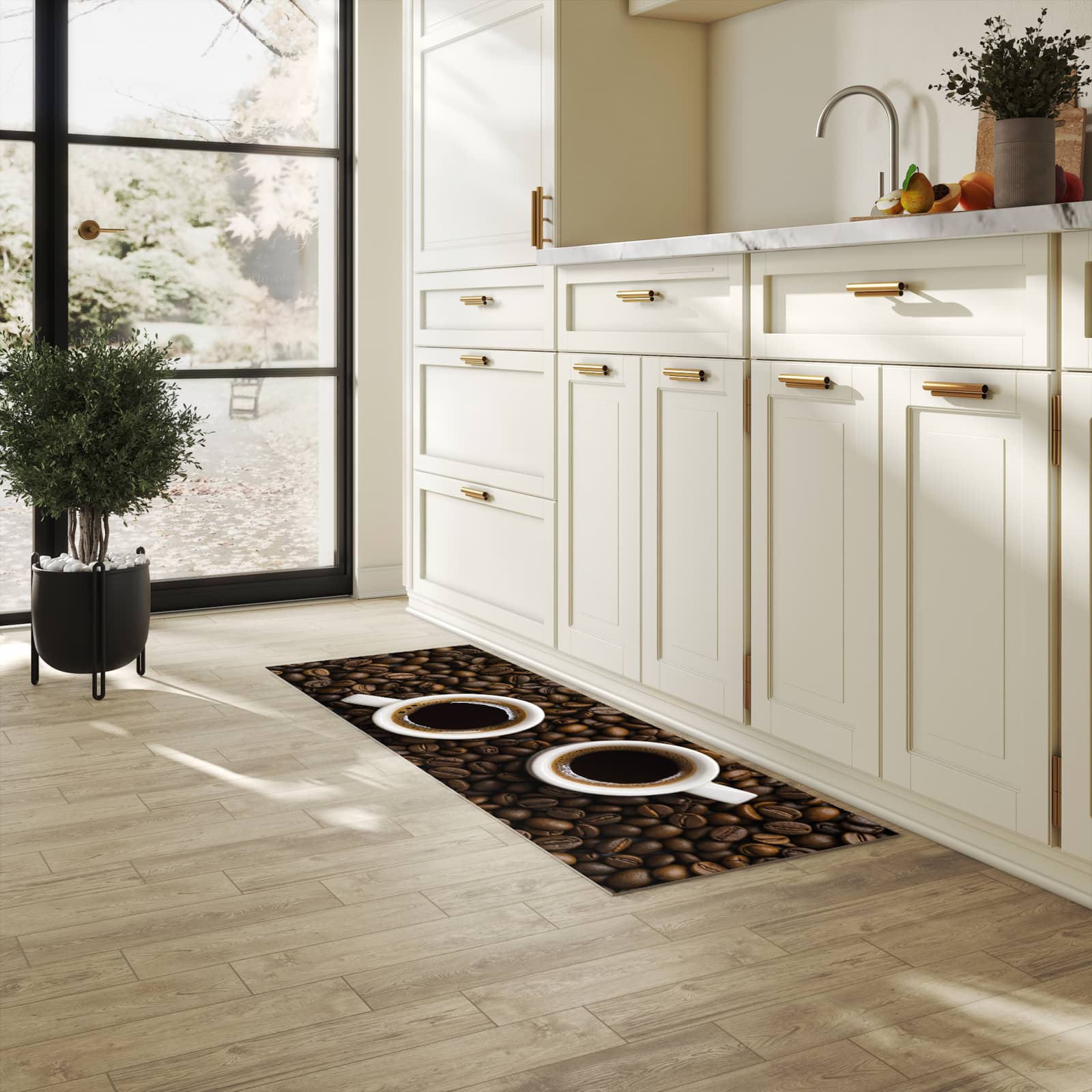 Rutschfester Küchenteppich mit Motiv Kaffeebohnen und Tassen in heller Küche für sicheren Stand