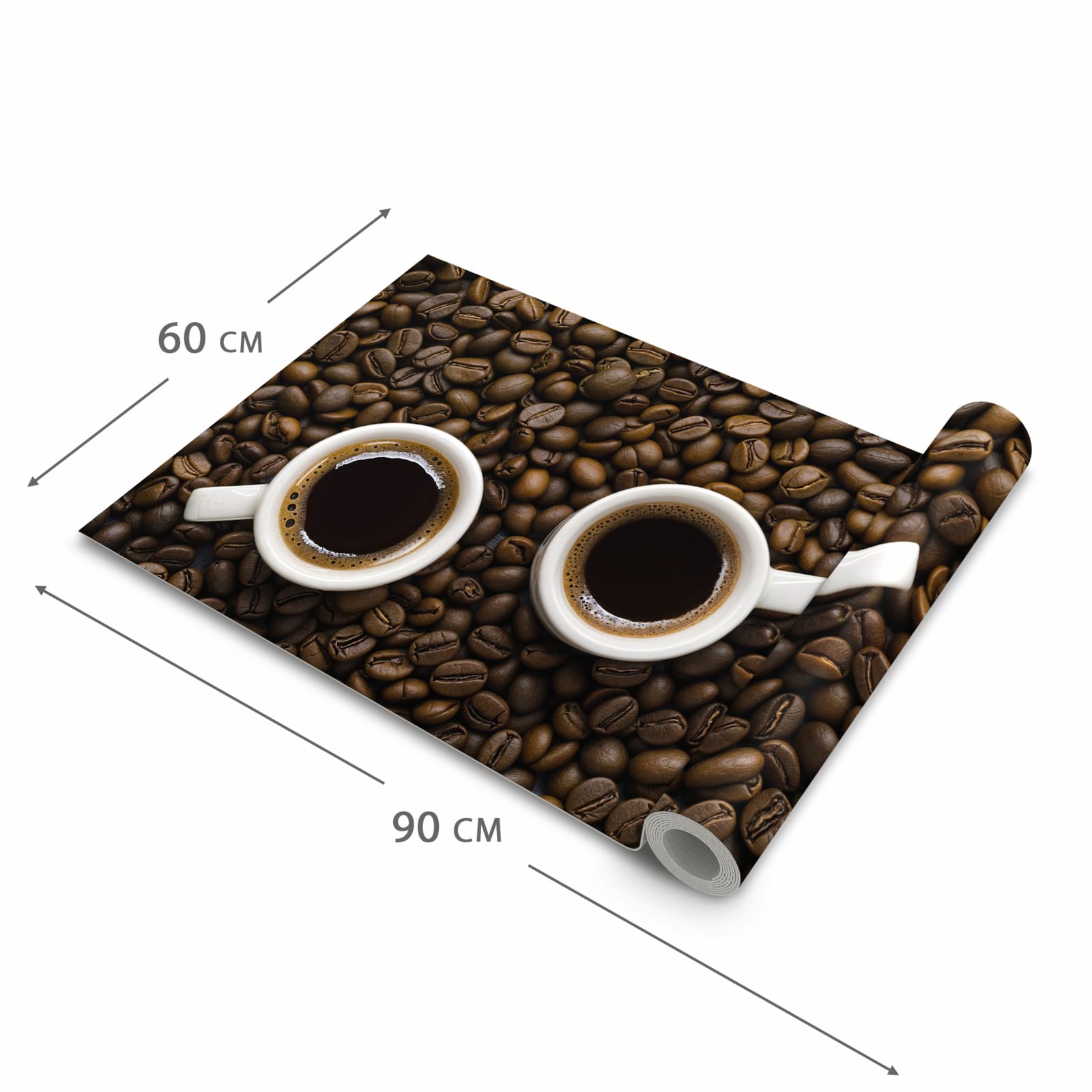 Formstabiler abwaschbarer Küchenteppich mit Motiv Kaffeebohnen und Tassen in der Grösse 60x120 cm