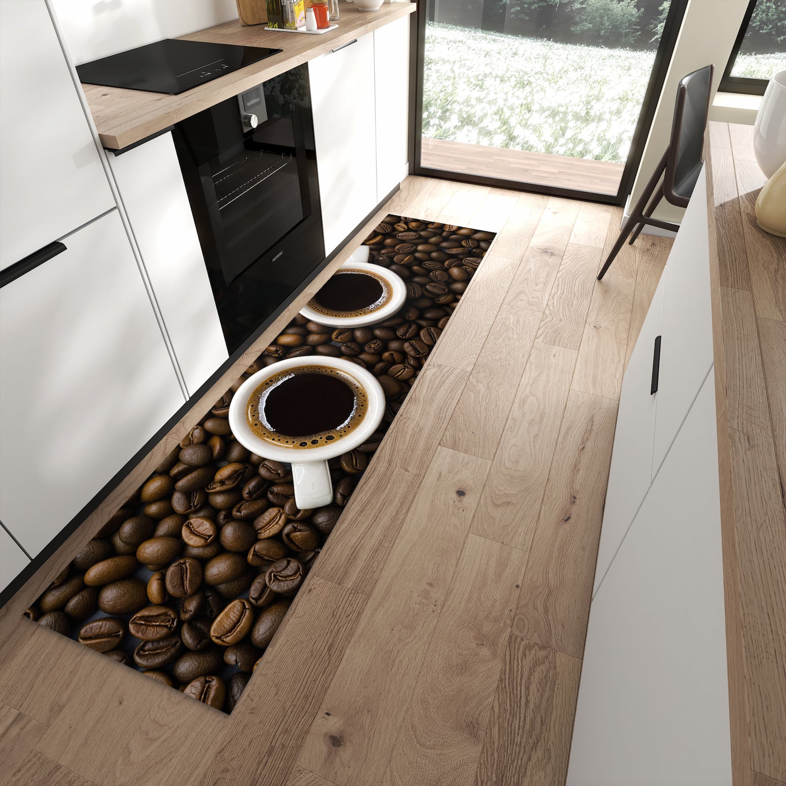 Abriebfester Küchenläufer nach Maß mit Motiv Kaffeebohnen und Tassen in moderner Küche