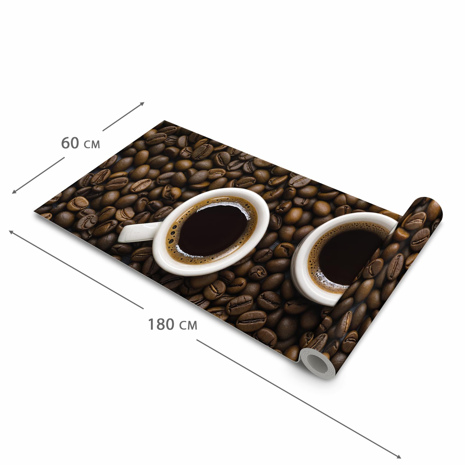 Bodenschonender Küchenläufer nach Maß mit Motiv Kaffeebohnen und Tassen in der Größe 60x120 cm