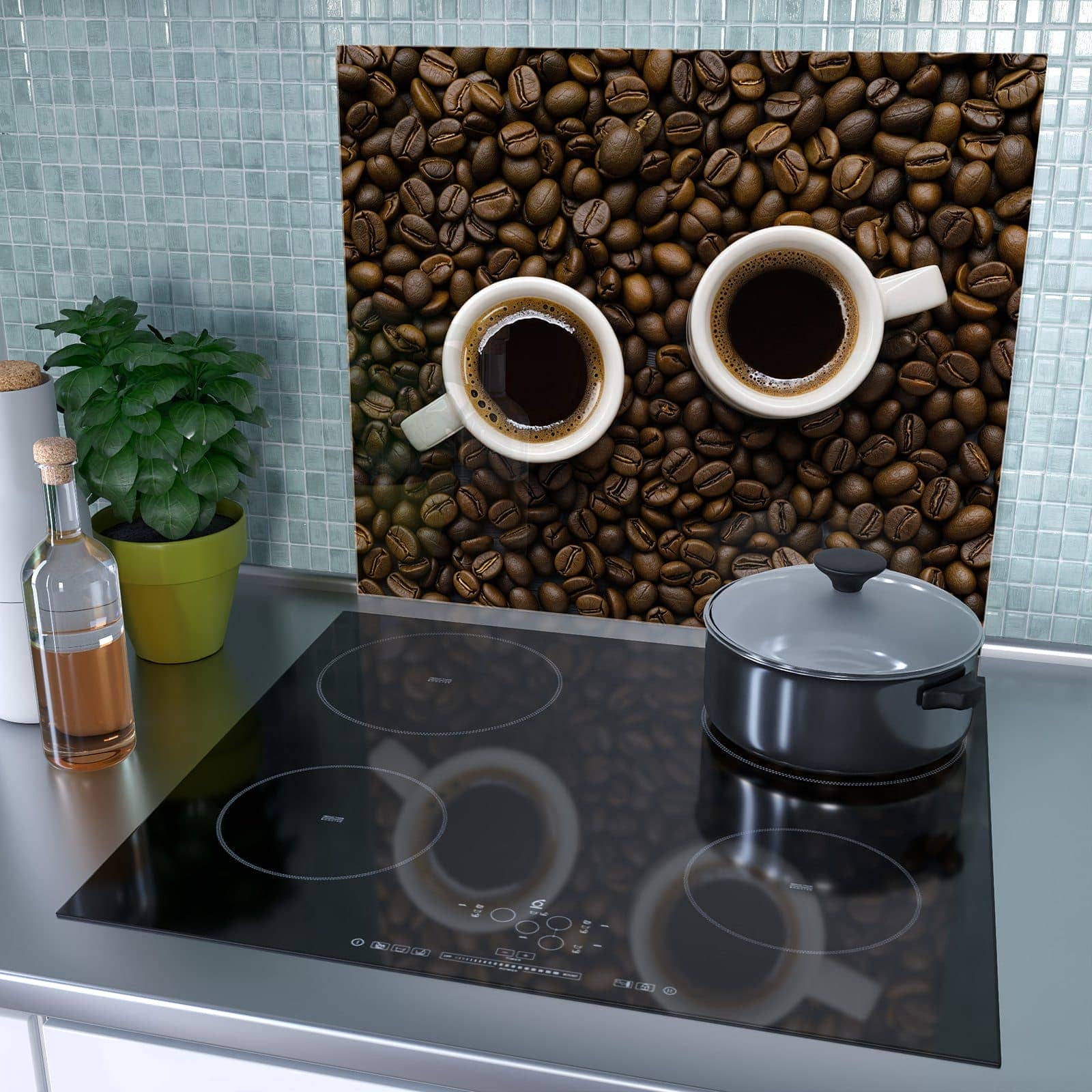 1-teilige Ceranfeld Abdeckplatten mit Kaffeebohnen und Tassen-Motiv als Spritzschutz hinter dem Kochfeld