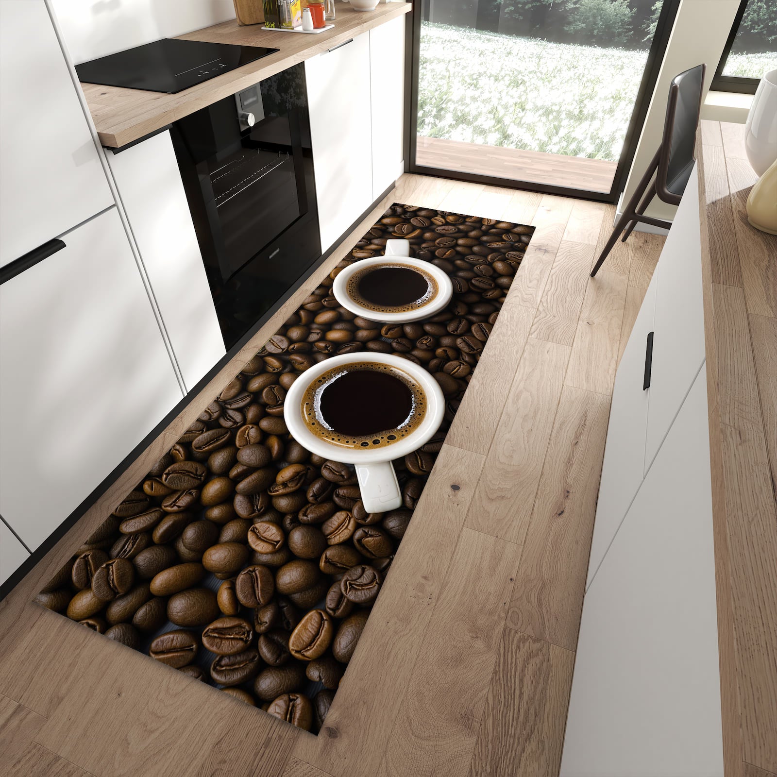 Schmutzabweisender Küchenläufer mit Motiv Kaffeebohnen und Tassen in moderner Küche