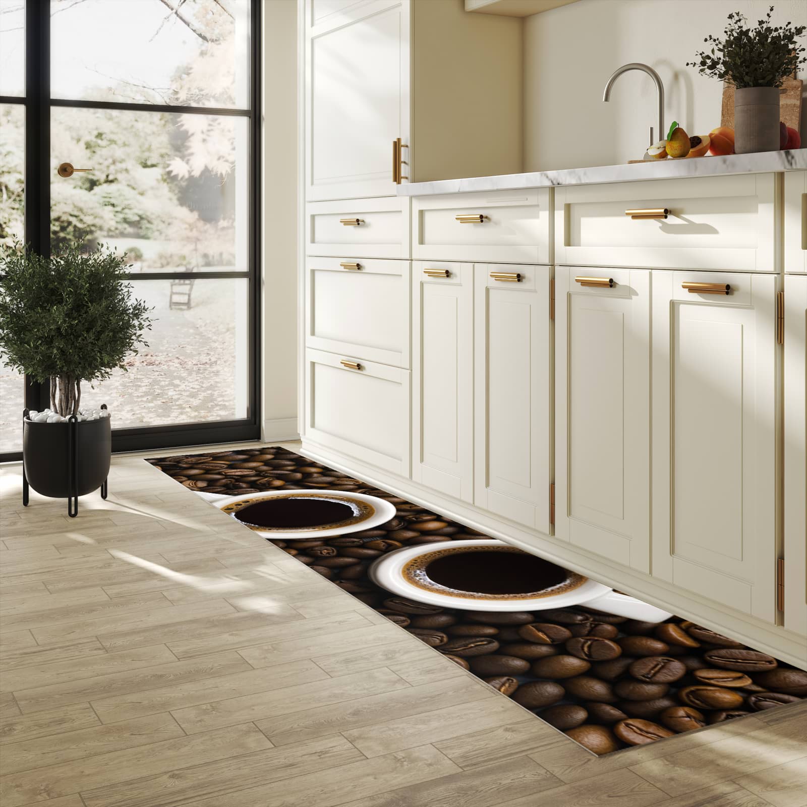 Abriebfester Küchenläufer mit Motiv Kaffeebohnen und Tassen in heller Küche