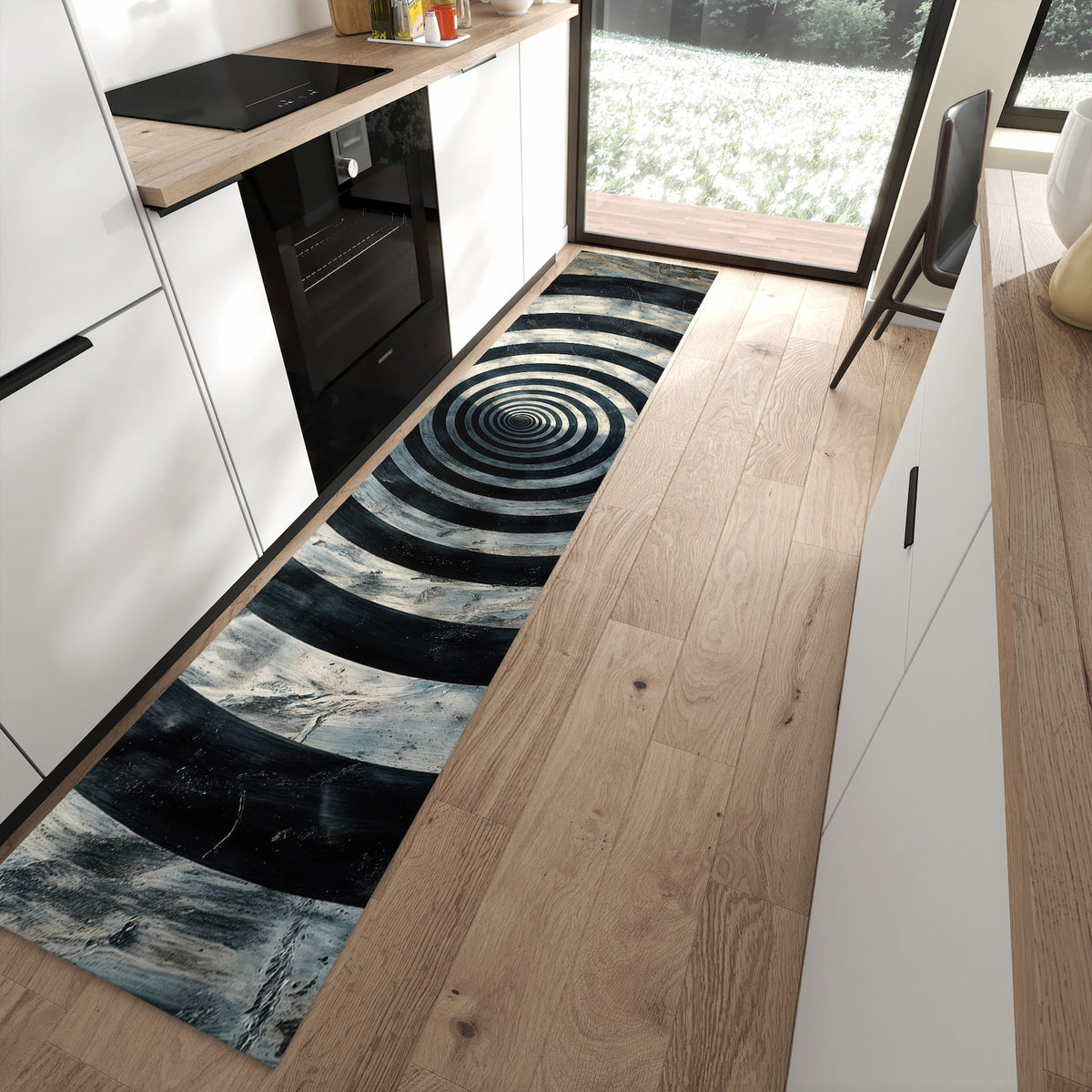 Langlebiger rutschfester Küchenteppich mit Motiv Hypnotische Spirale in moderner Küche