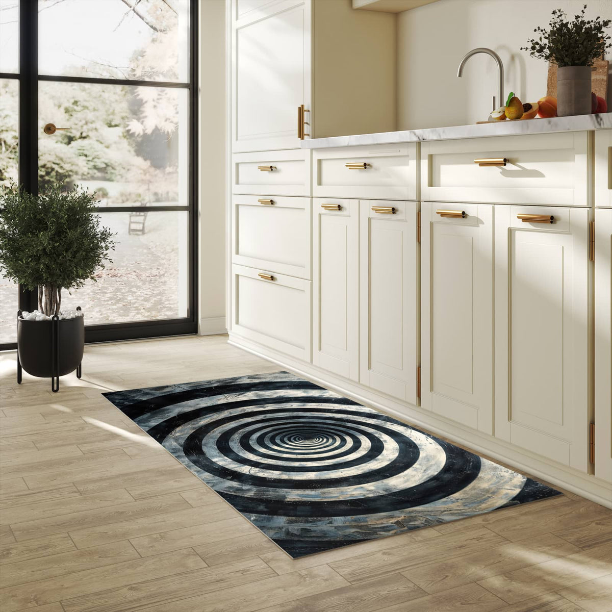 Küchenteppich mit Motiv Hypnotische Spirale für Ordnung in heller Küche