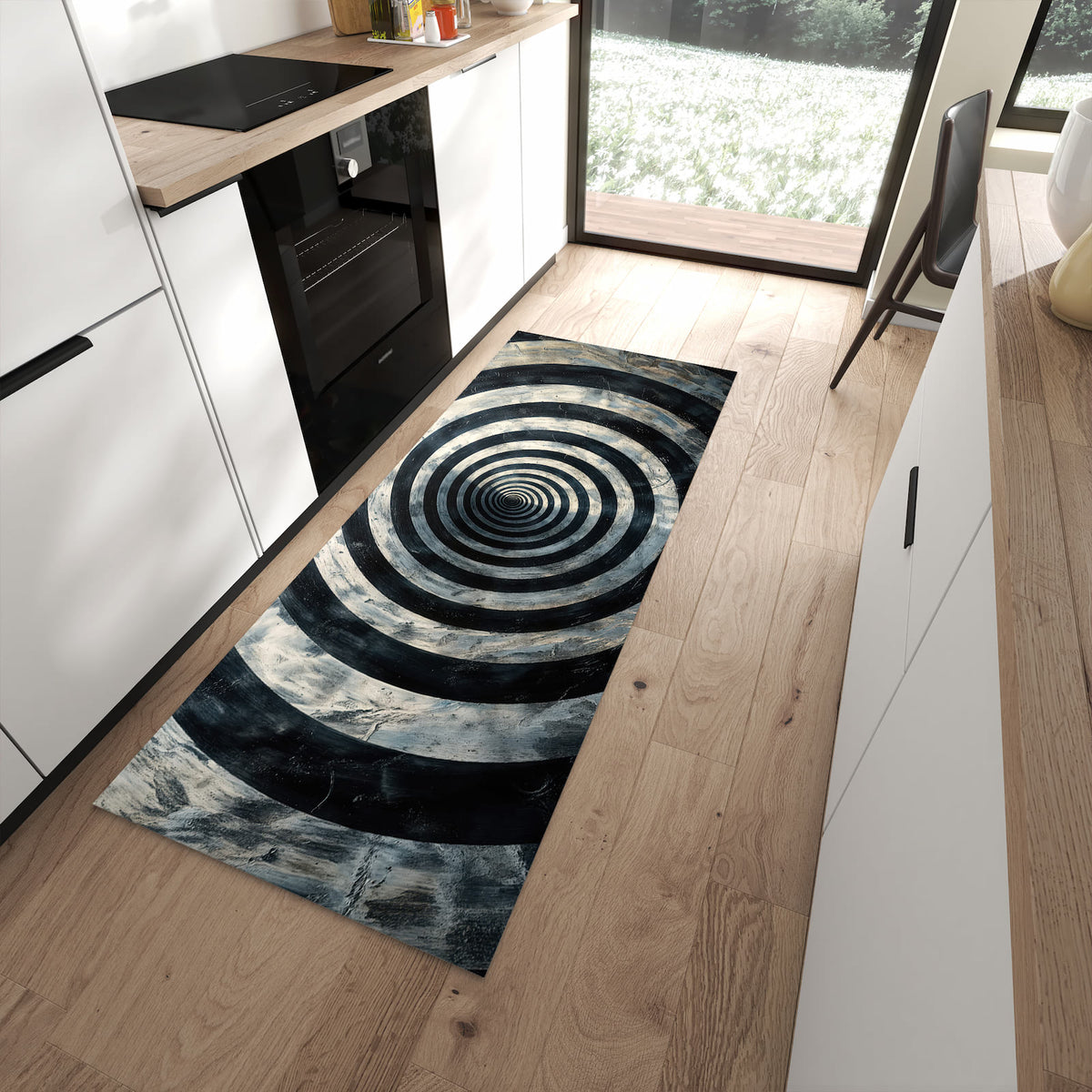 Feuchtigkeitsresistenter Küchenläufer mit Motiv Hypnotische Spirale in moderner Küche