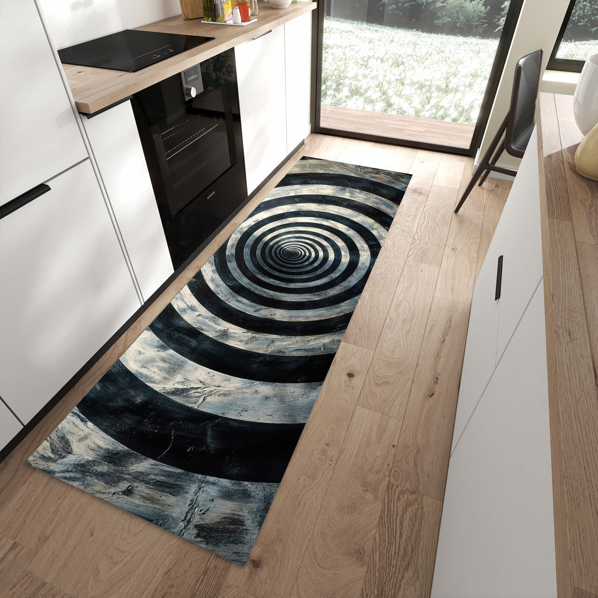 Bodenschonender Küchenläufer mit Motiv Hypnotische Spirale in moderner Küche