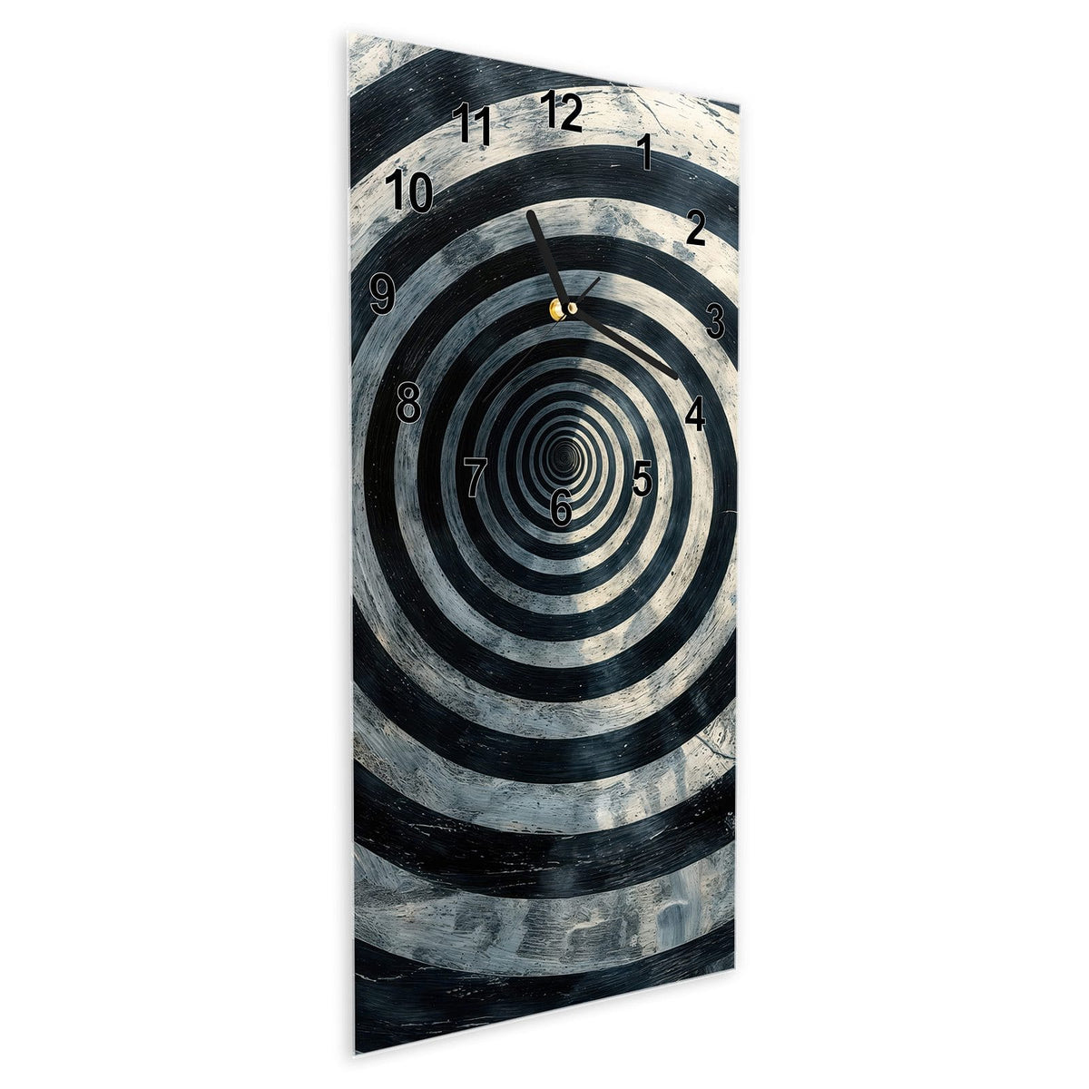Wanduhr aus Glas im Hochformat Kreise in Schwarz-Weiß schräg von der Seite, 4 mm starkes Glas