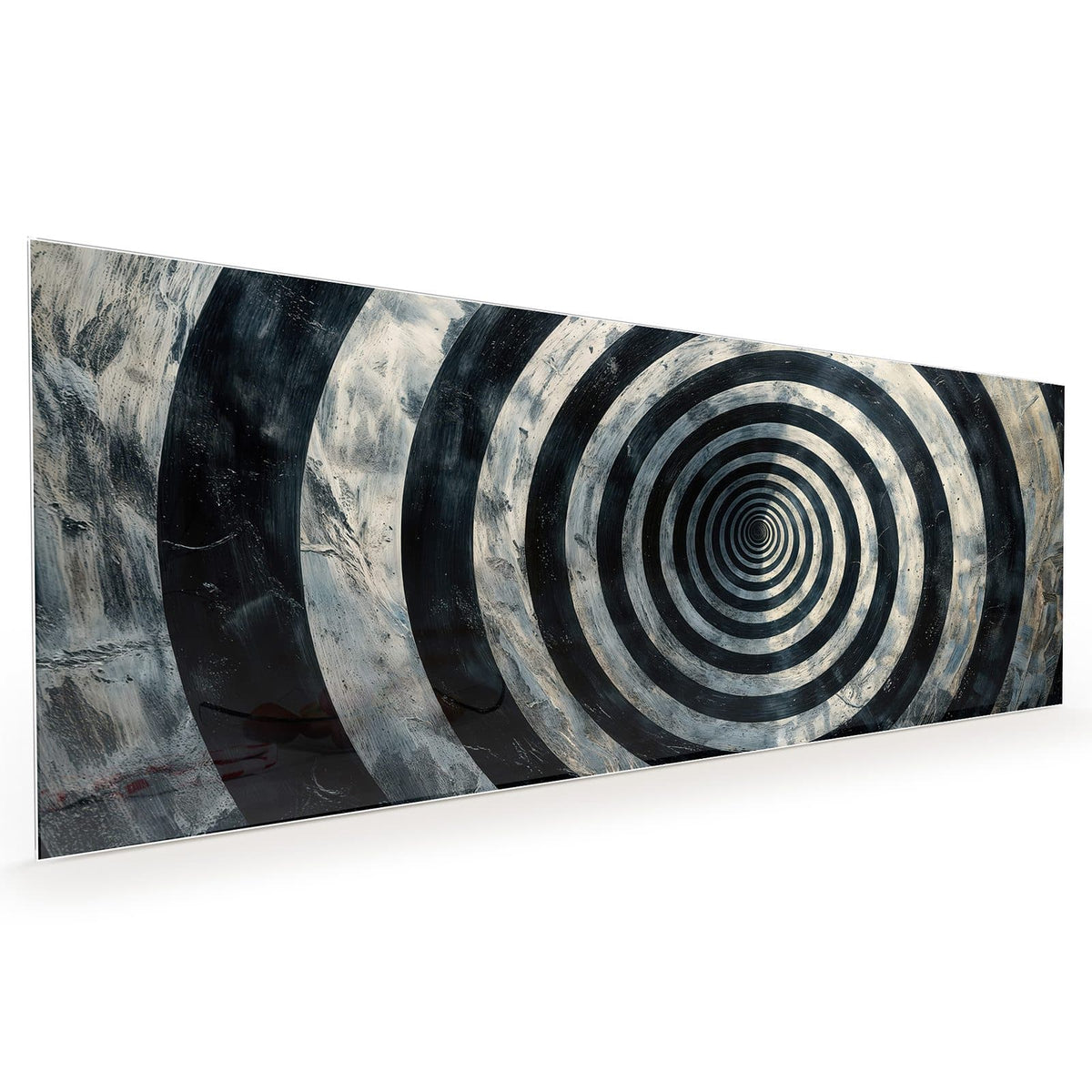 Küchenrückwand aus Glas im Hochformat: Konzentrische schwarz-weiße Ringe mit starker Sogwirkung zur Bildmitte #grösse_40 x 100 cm #grösse_50 x 125 cm #grösse_60 x 150 cm