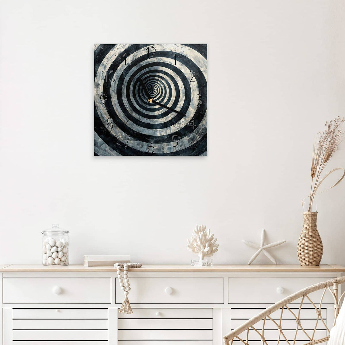 Wanduhr Kreise in Schwarz-Weiß aus Glas – Quadratisch 30 × 30 cm – Schwarz-weiße Kreise mit Sogwirkung