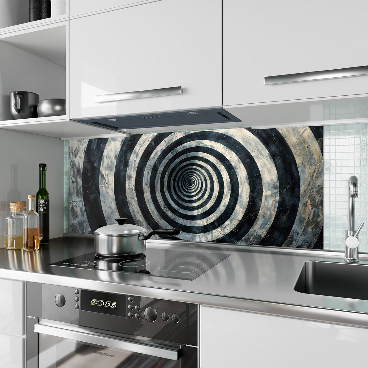 Küchenrückwand aus Glas Kreise in Schwarz-Weiß im Hochformat als Spritzschutz hinter dem Kochfeld, über dem Fliesenspiegel montiert