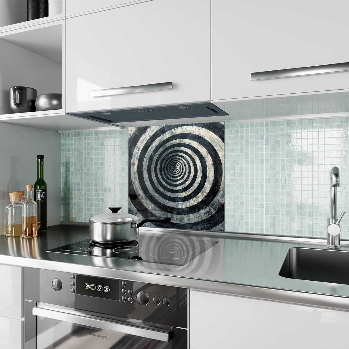 Küchenrückwand aus Glas Kreise in Schwarz-Weiß im quadratischen Format als Spritzschutz hinter dem Kochfeld, über dem Fliesenspiegel montiert