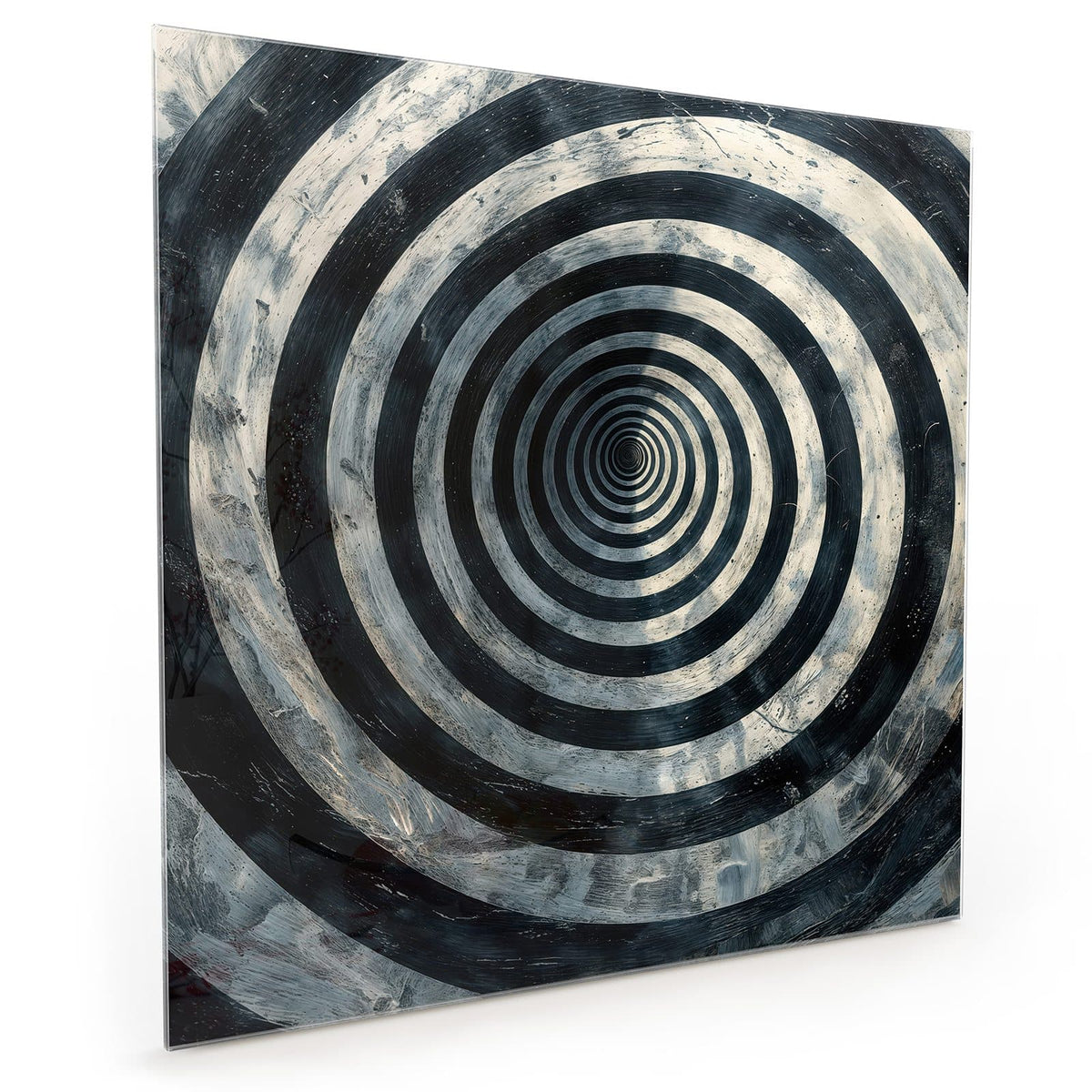 Küchenrückwand aus Glas im quadratischen Format: Konzentrische schwarz-weiße Ringe mit starker Sogwirkung zur Bildmitte #grösse_40 x 40 cm #grösse_50 x 50 cm #grösse_60 x 60 cm