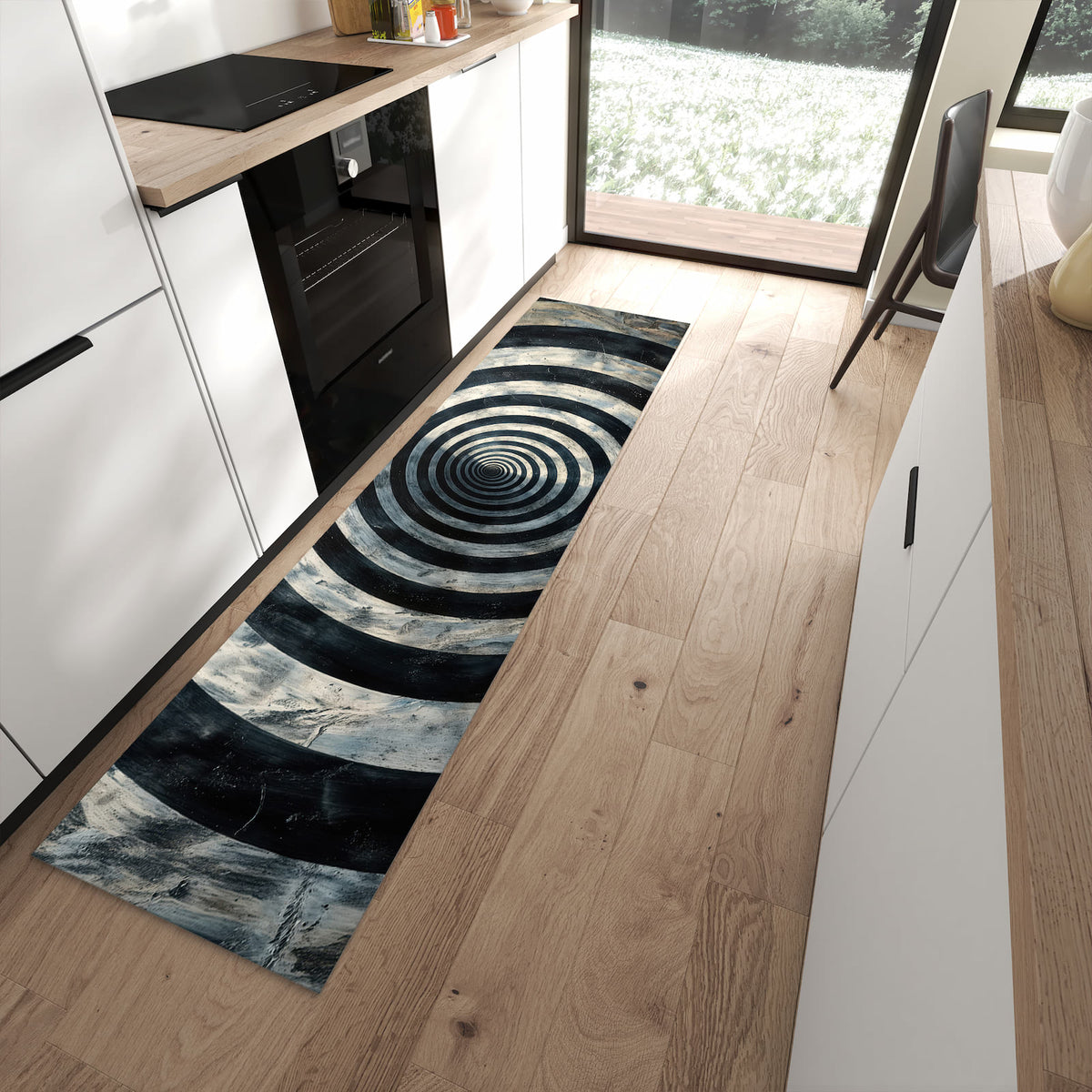 Strapazierfähiger waschbarer Küchenteppich mit Motiv Hypnotische Spirale in moderner Küche