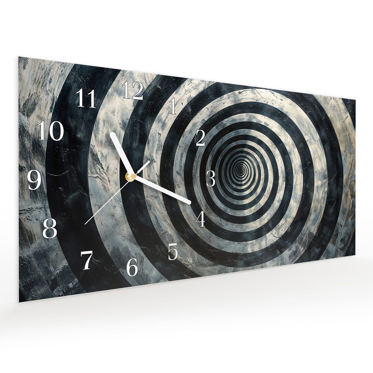 Vormontiert – mit Schwebeeffekt – Wanduhr Hypnotische Spirale aus Glas – Querformat 60 × 30 cm