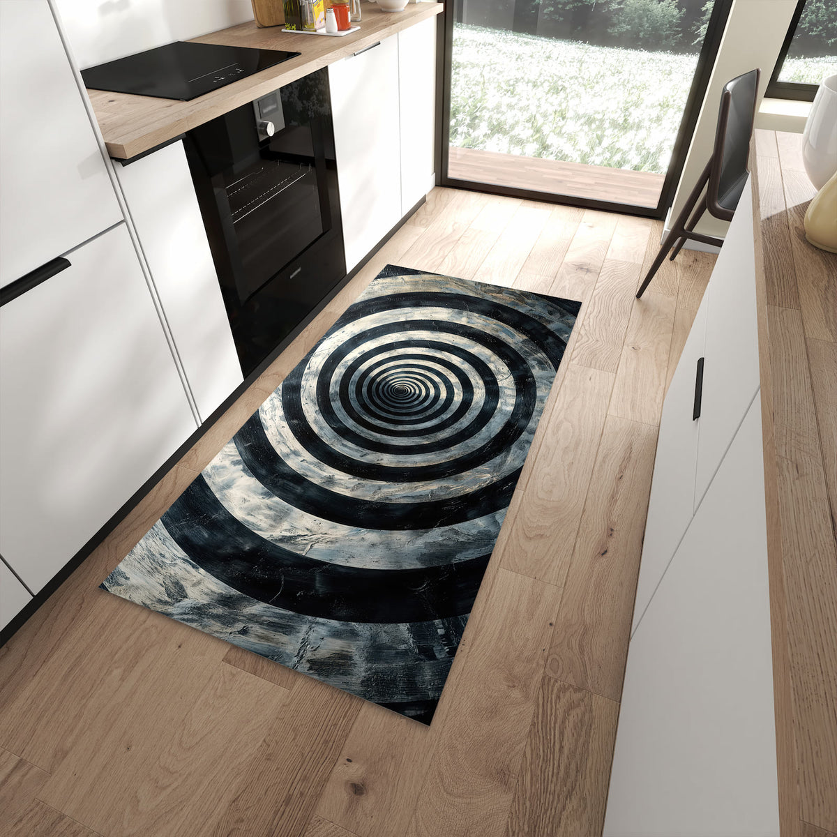 Farbbeständiger rutschfester Küchenläufer mit Motiv Hypnotische Spirale in moderner Küche