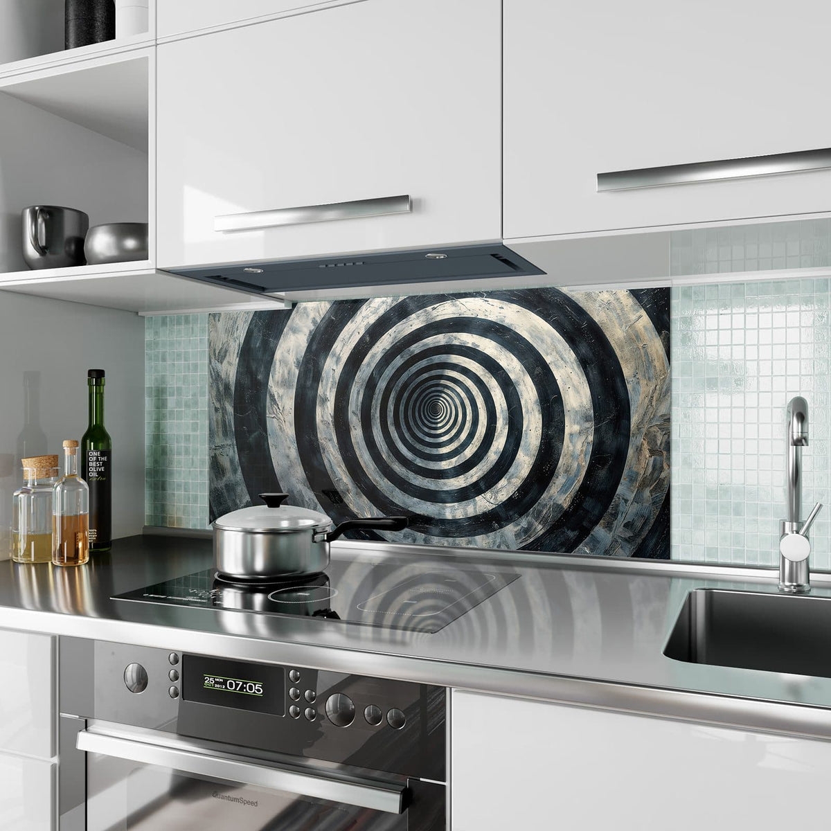 Küchenrückwand aus Glas Kreise in Schwarz-Weiß im Hochformat als Spritzschutz hinter dem Kochfeld, über dem Fliesenspiegel montiert