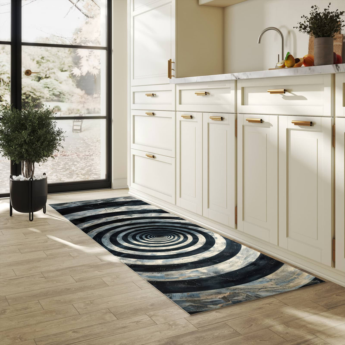 Rutschfester Küchenteppich mit Motiv Hypnotische Spirale in heller Küche