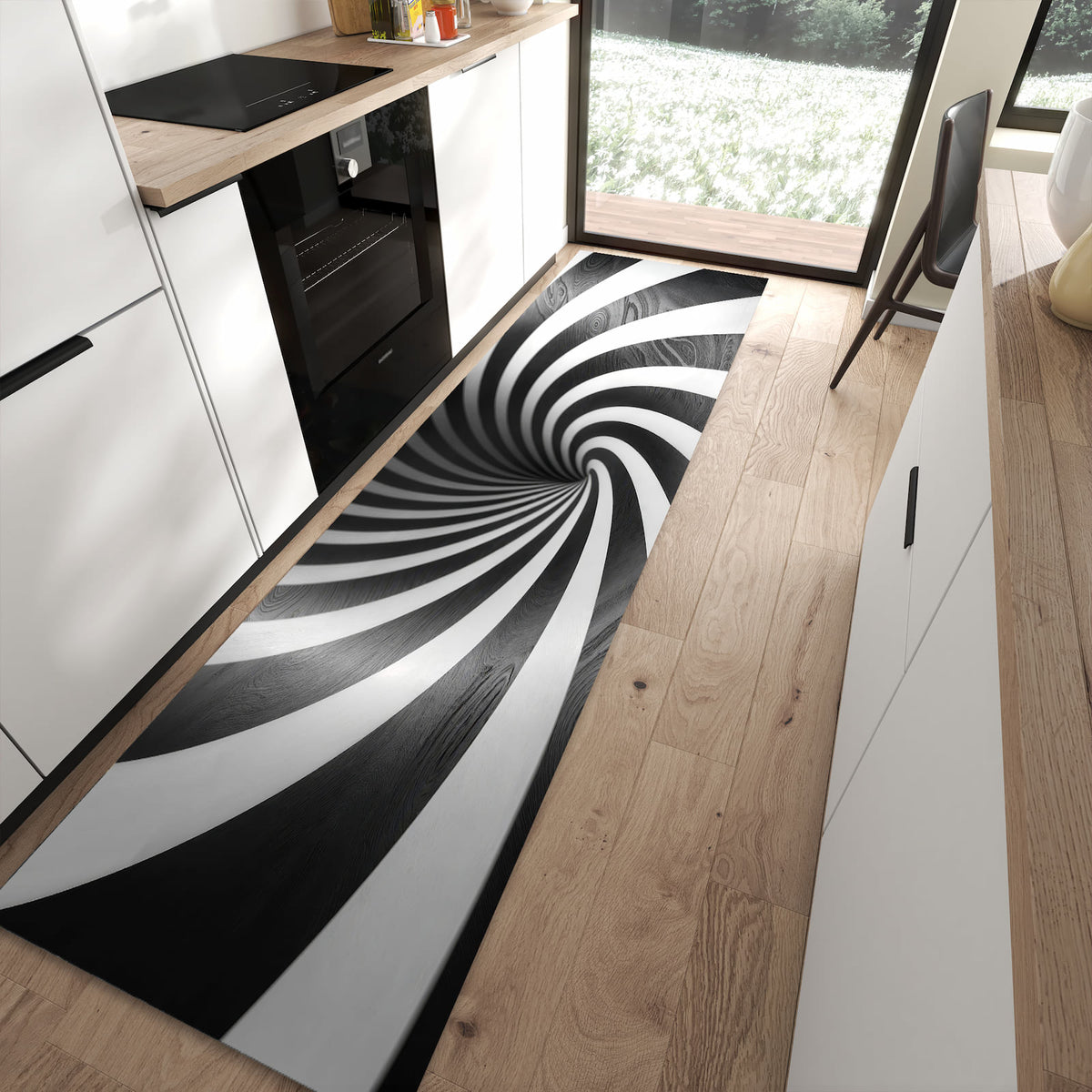 Pflegeleichter Küchenteppich mit Motiv Hypnotisches Muster in moderner Küche