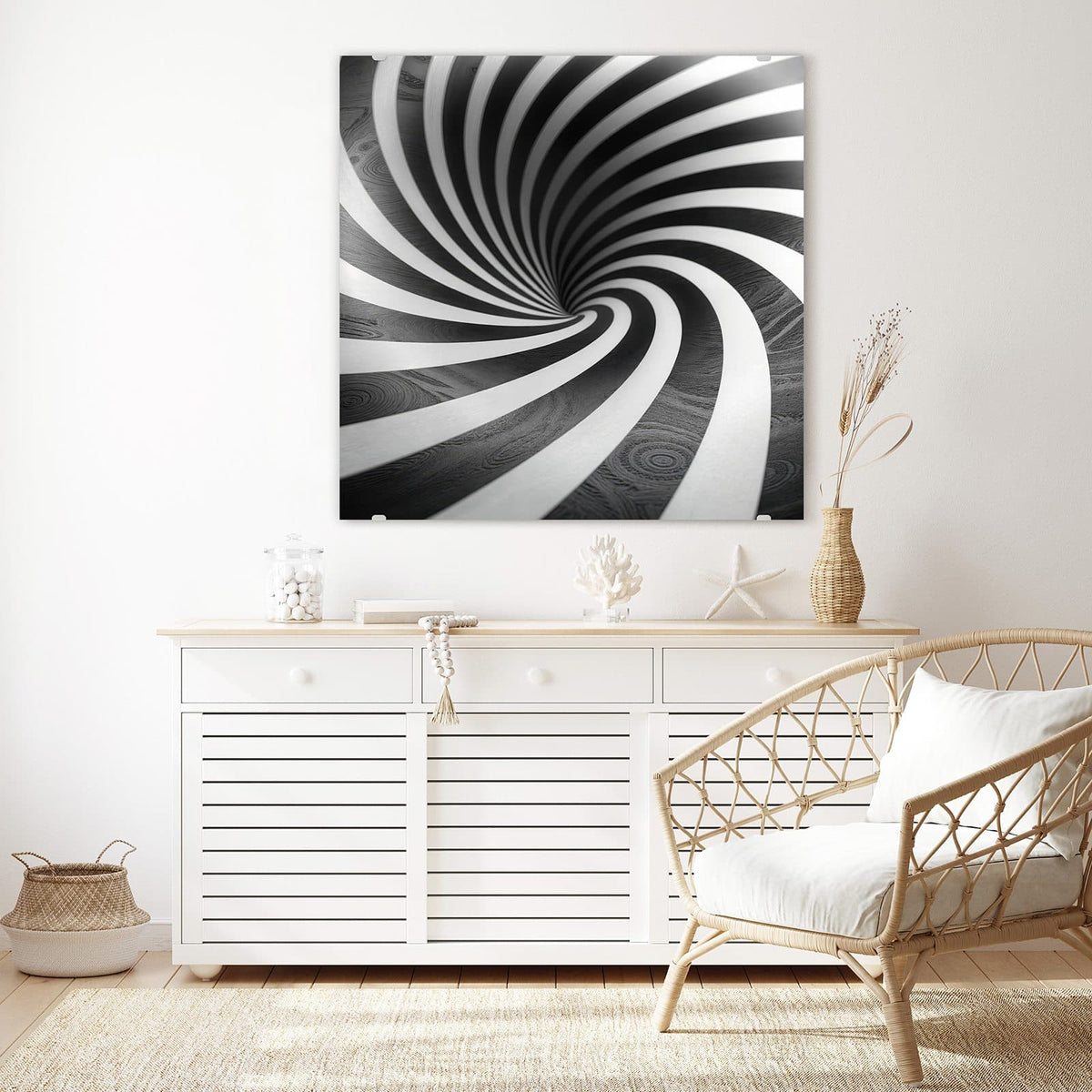 Glasbild Hypnotischer Strudel an der Wand – Schwarz-weißer Strudel aus Streifen, der in einen dunklen Trichter läuft