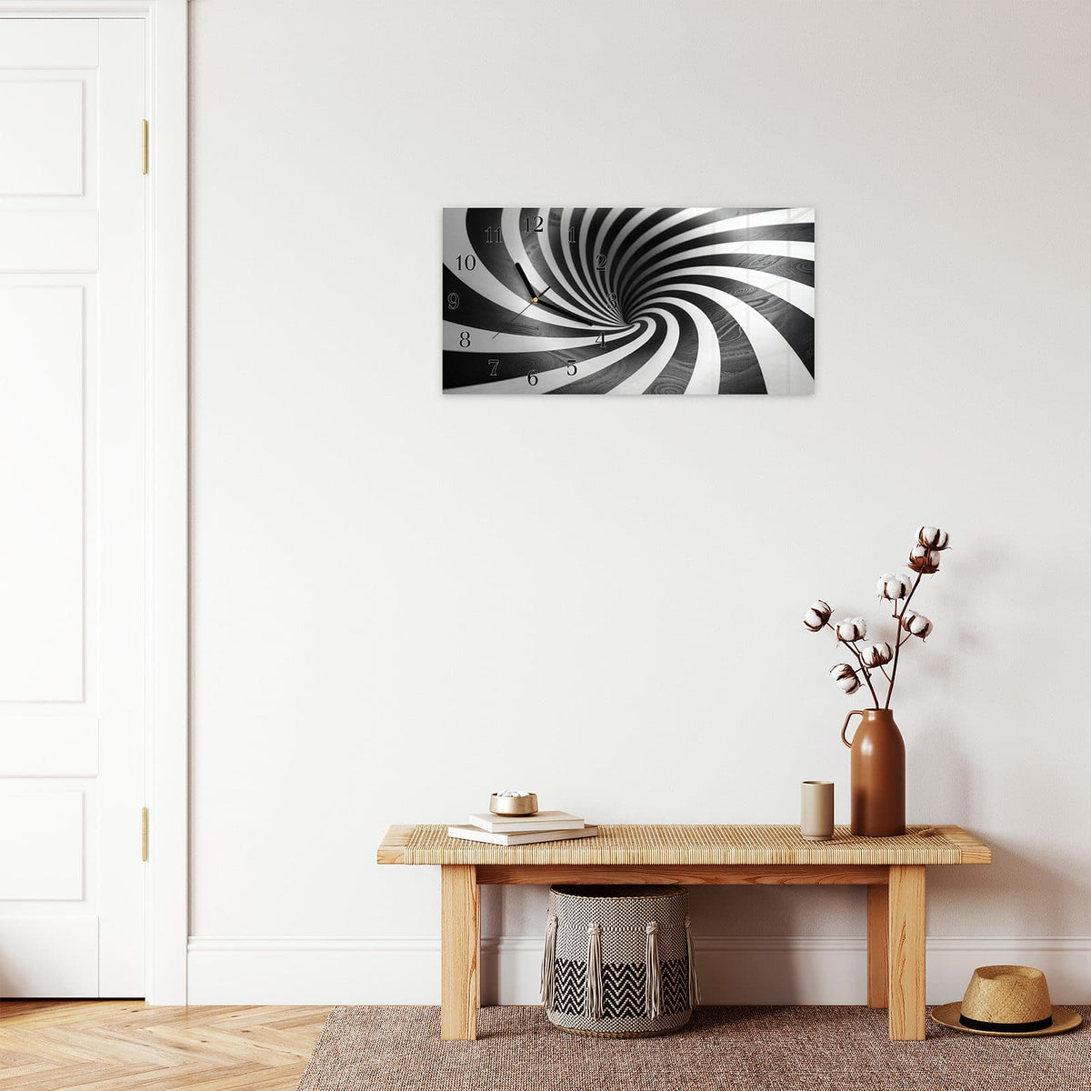 Moderne Wanduhr aus Glas mit Farbtiefe – Wanduhr Hypnotisches Muster aus Glas – Querformat 60 × 30 cm