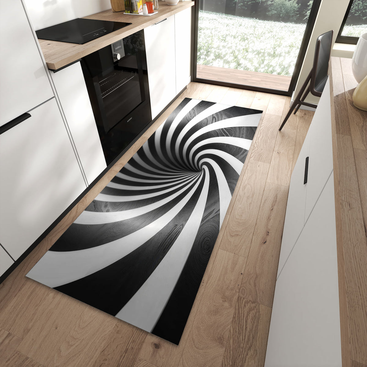 Rutschfester Küchenläufer mit Motiv Hypnotisches Muster in moderner Küche
