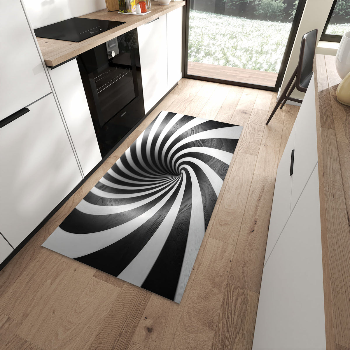 Komfortabler waschbarer Küchenteppich mit Motiv Hypnotisches Muster in moderner Küche