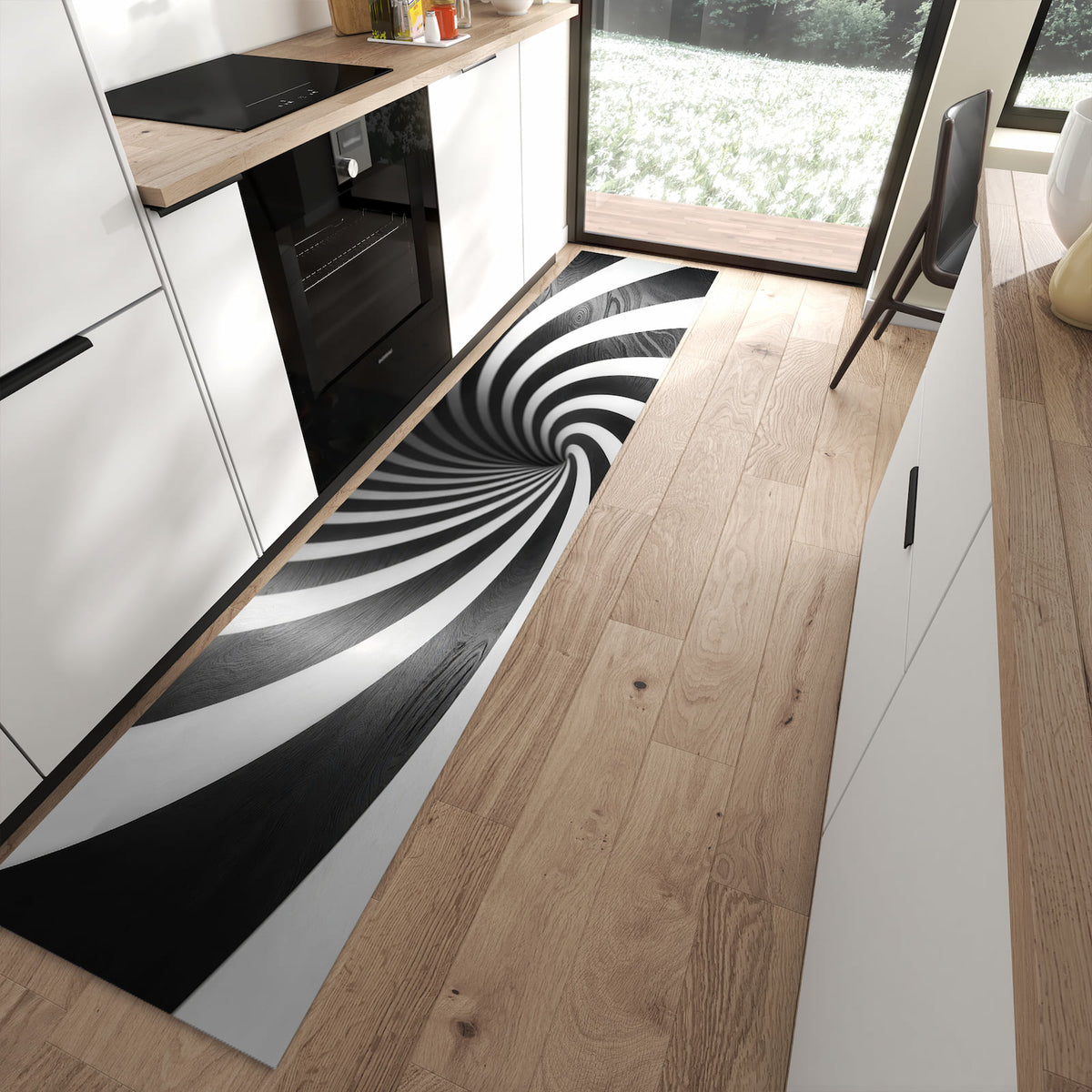 Fleckenresistenter waschbarer Teppich mit Motiv Hypnotisches Muster in moderner Küche