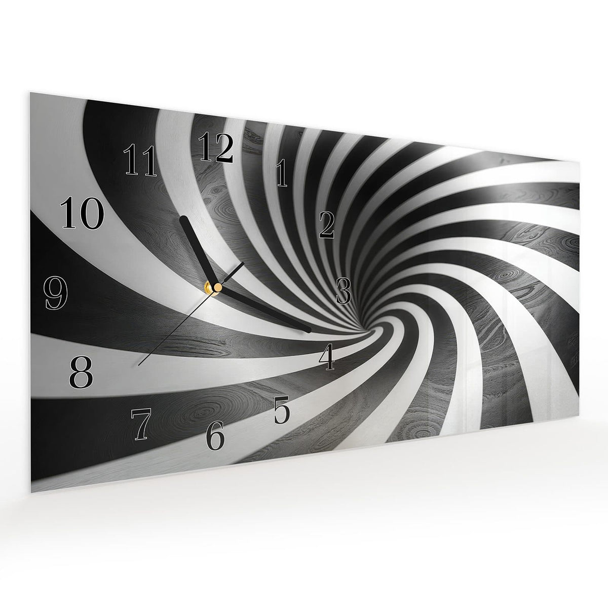 Vormontiert – mit Schwebeeffekt – Wanduhr Hypnotisches Muster aus Glas – Querformat 60 × 30 cm