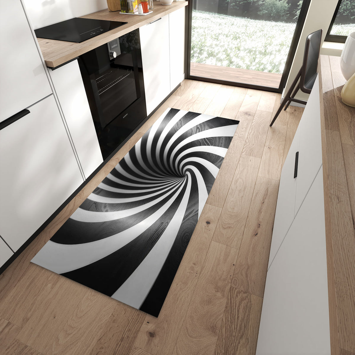 Geruchsneutraler rutschfester Küchenteppich mit Motiv Hypnotisches Muster in moderner Küche