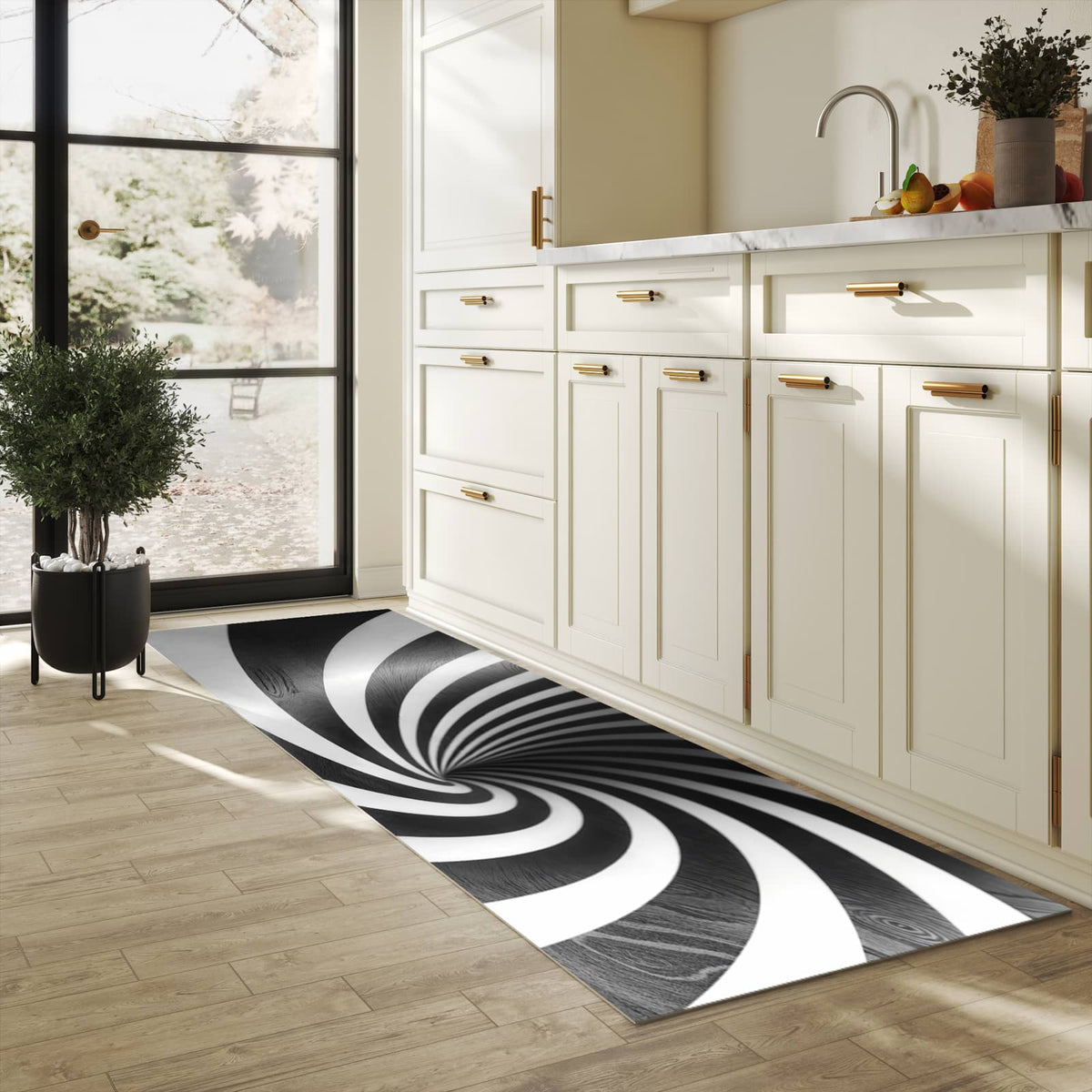 Geruchsneutraler langer Teppich mit Motiv Hypnotisches Muster in heller Küche
