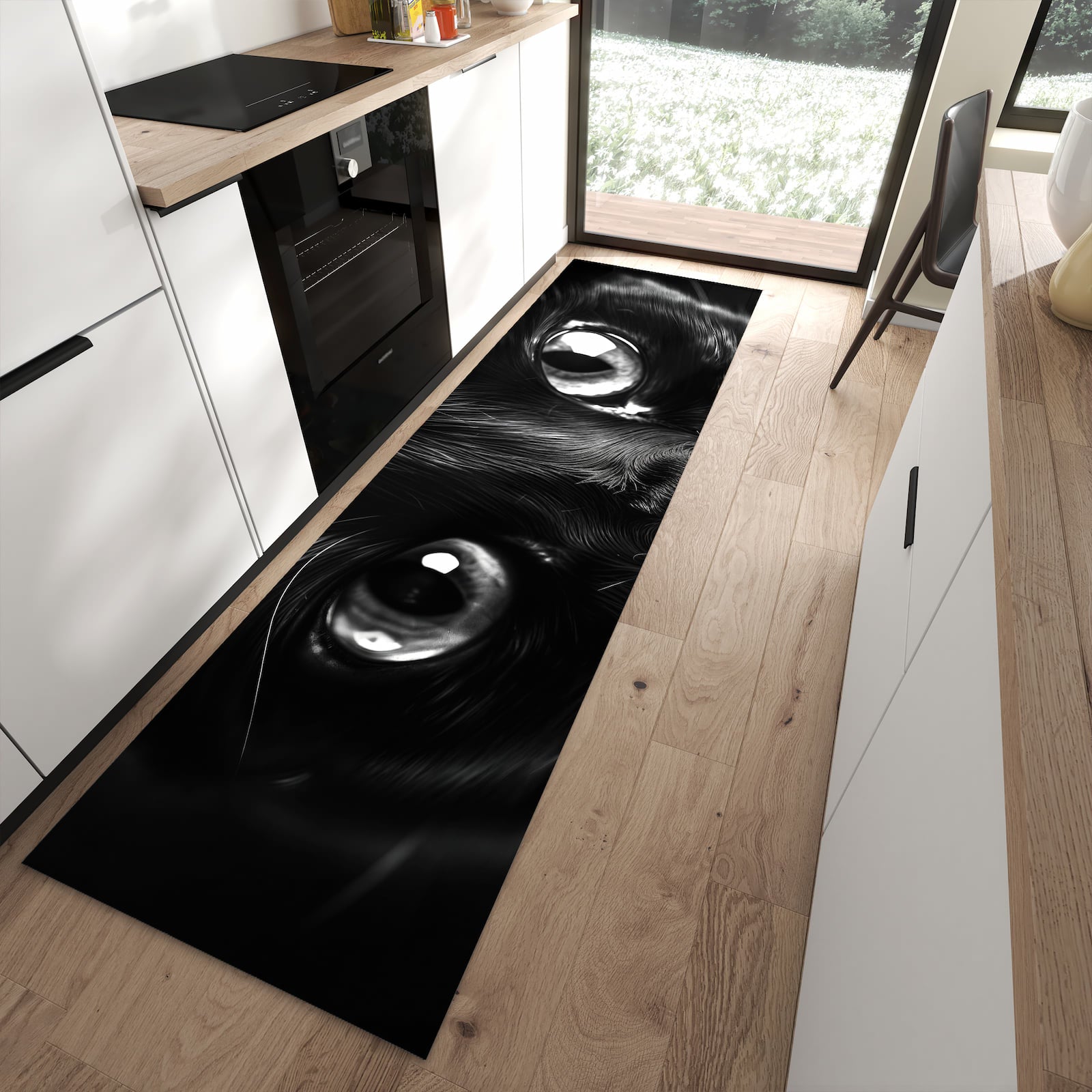 Farbbeständiger Teppichläufer mit Motiv Katzengesicht in moderner Küche